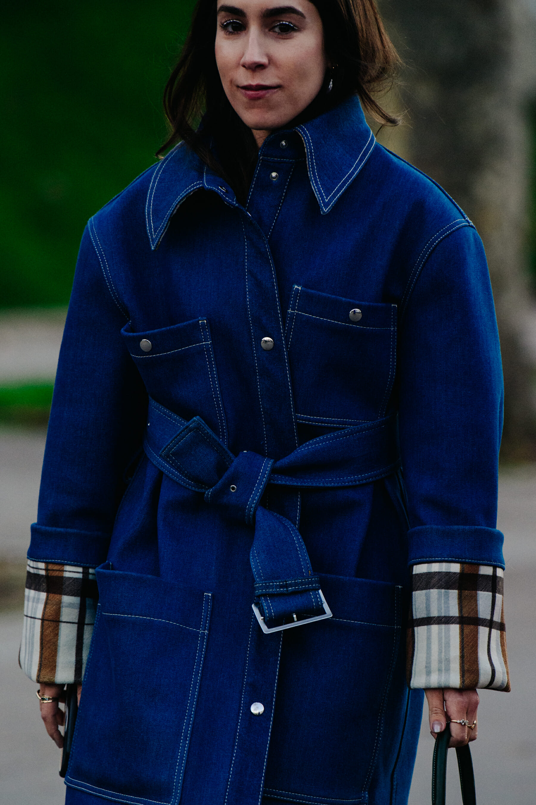 Woman wearing blue denim coat
