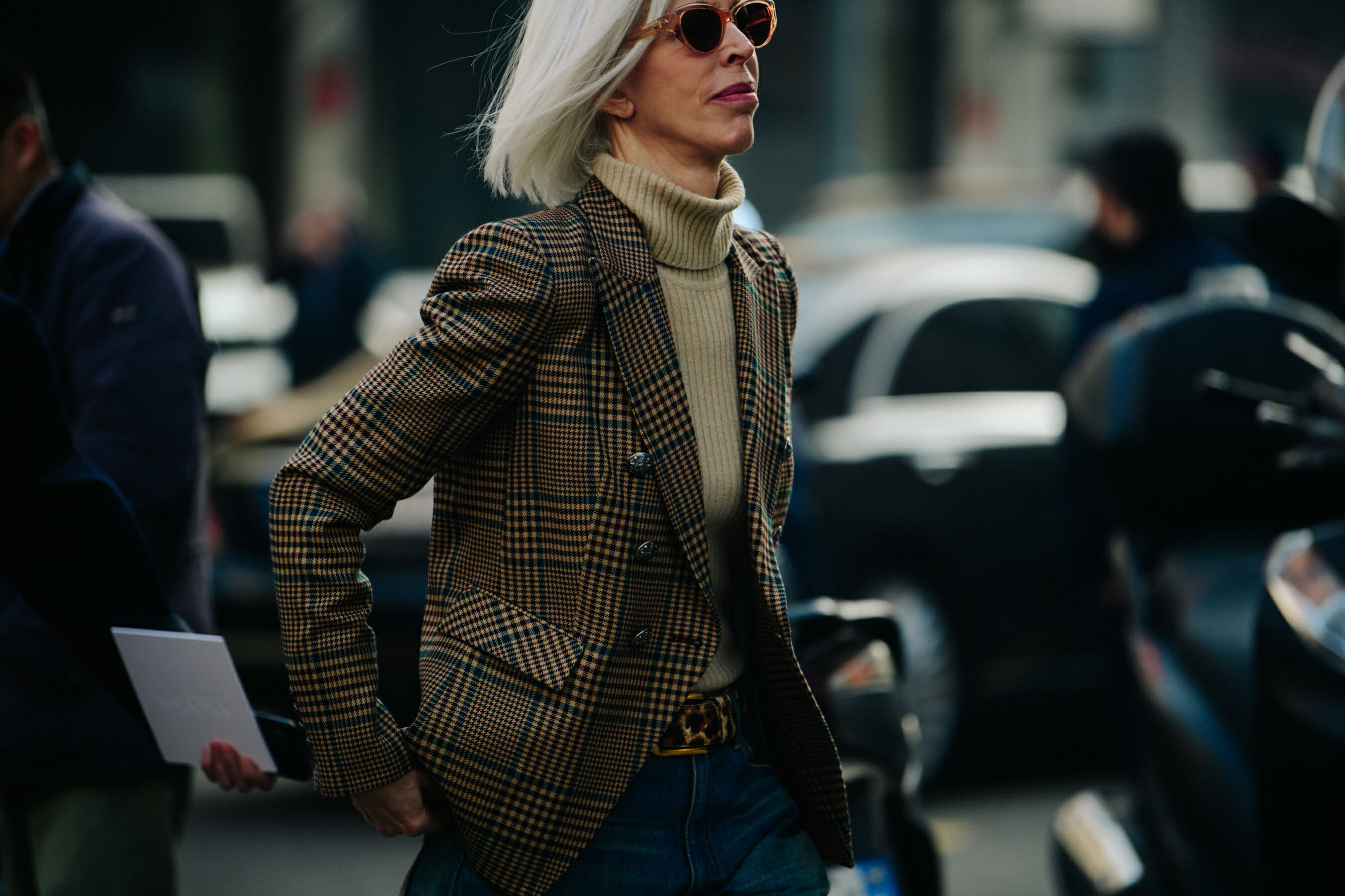 Woman wearing tan wool coat