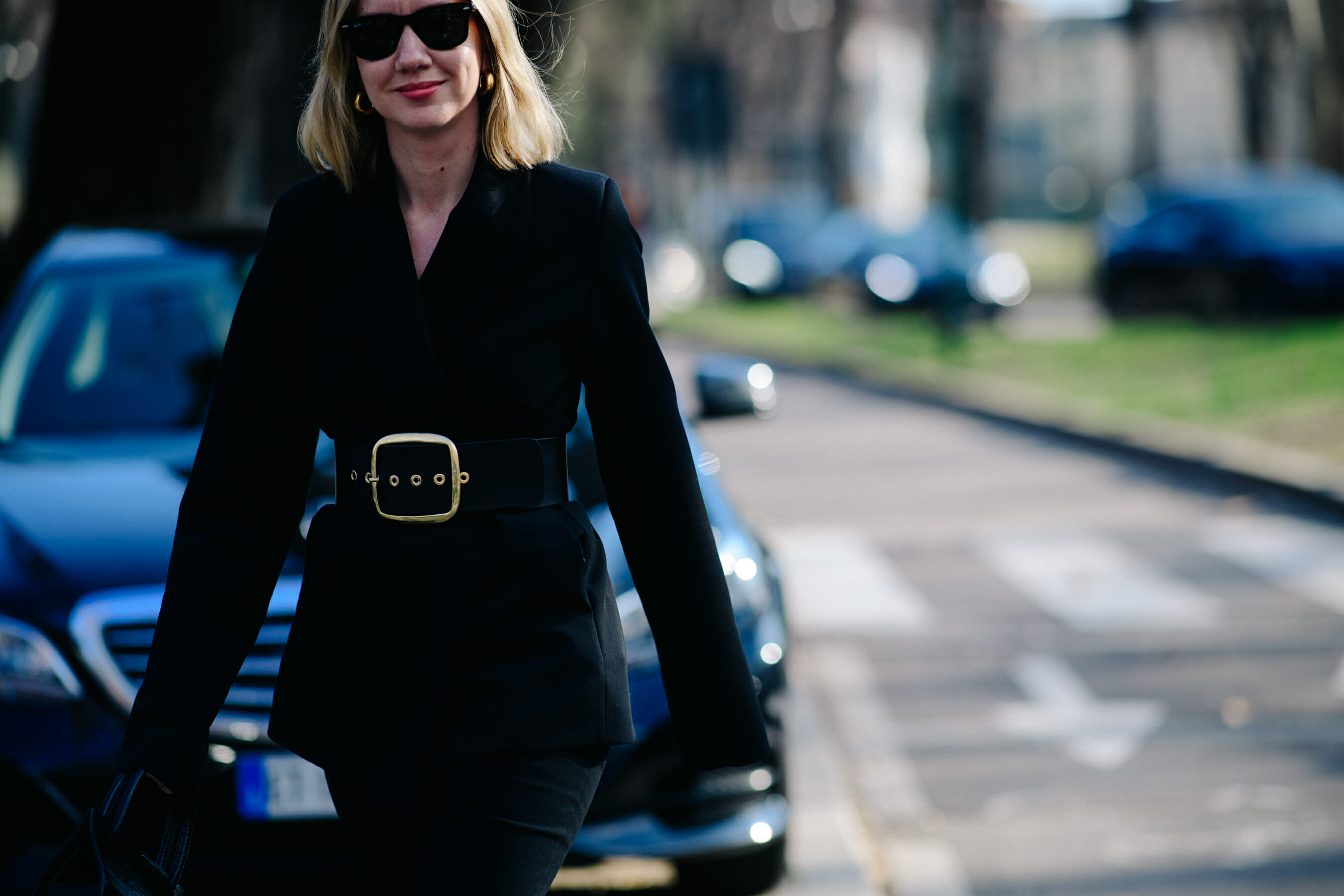 Woman wearing black suit