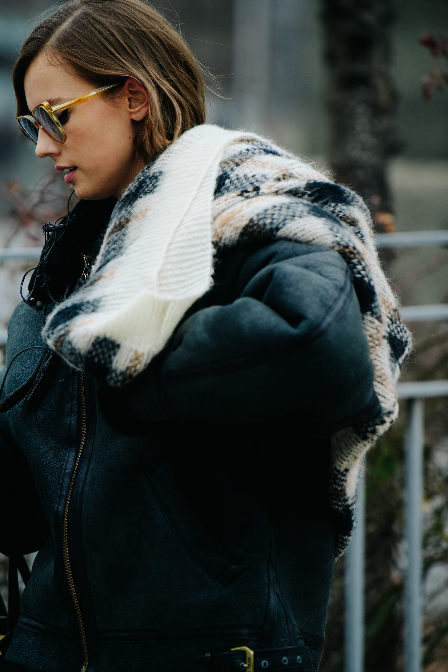 Model wearing shearling jacket
