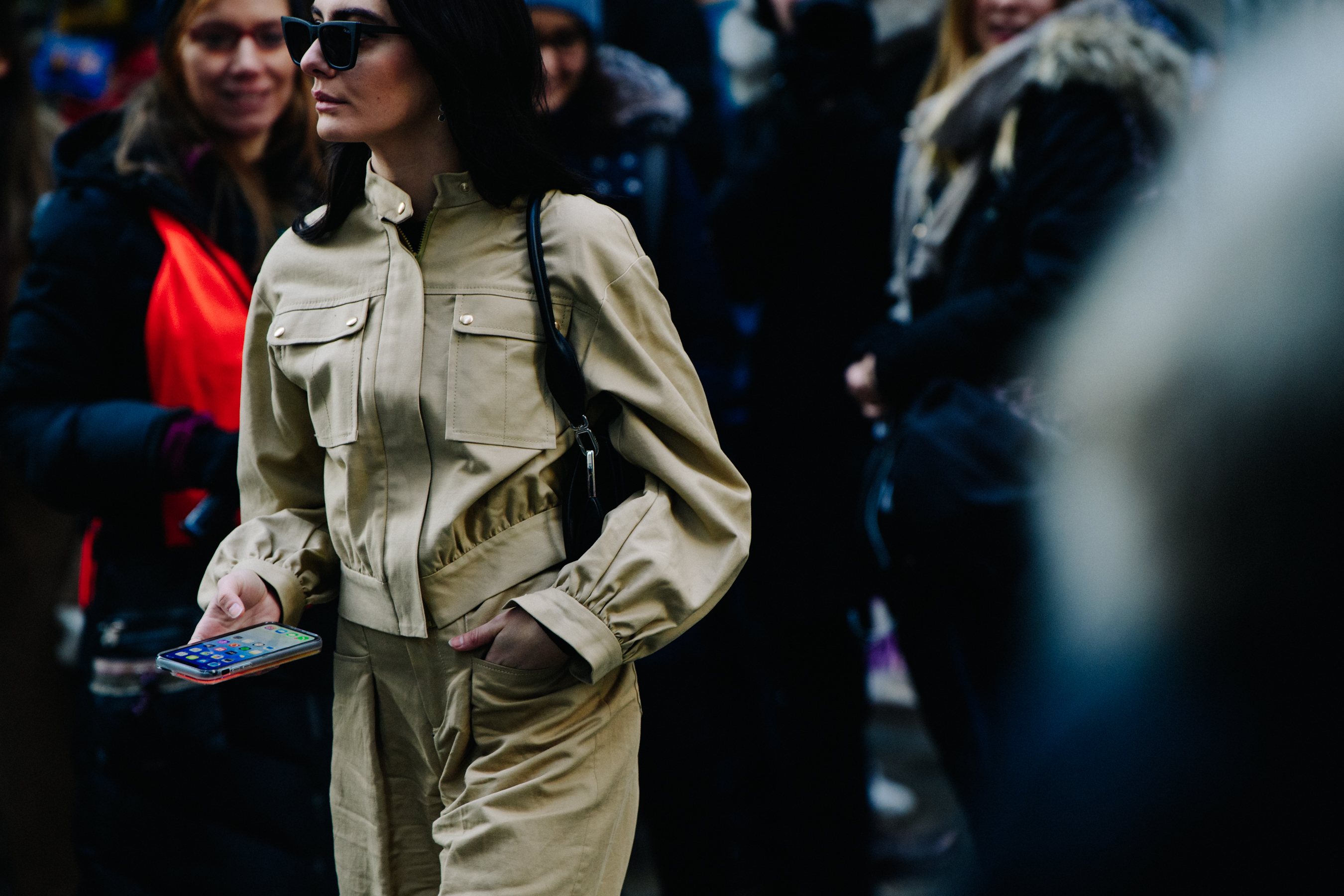 Woman wearing cream suit