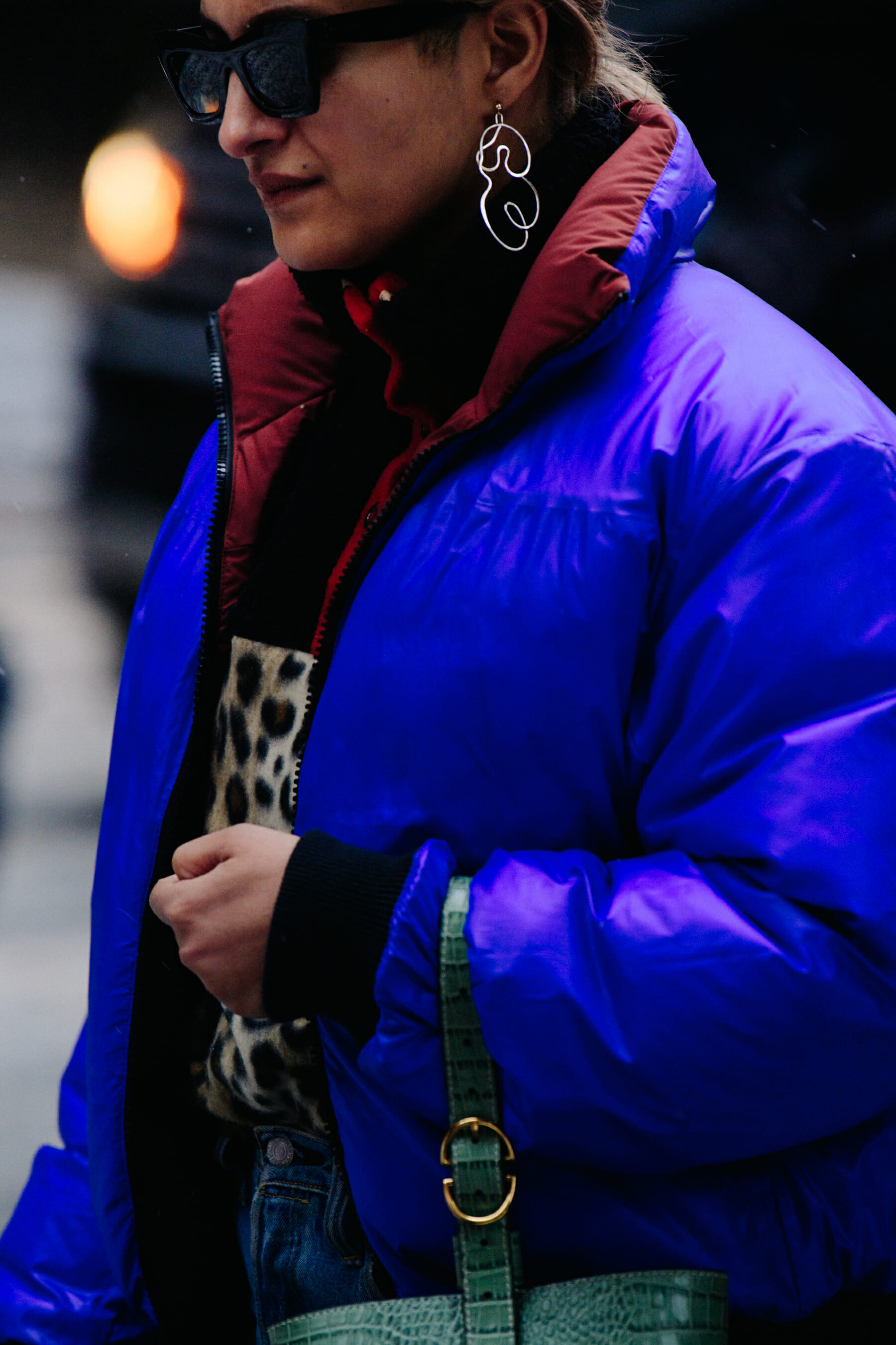 Woman wearing purple jacket