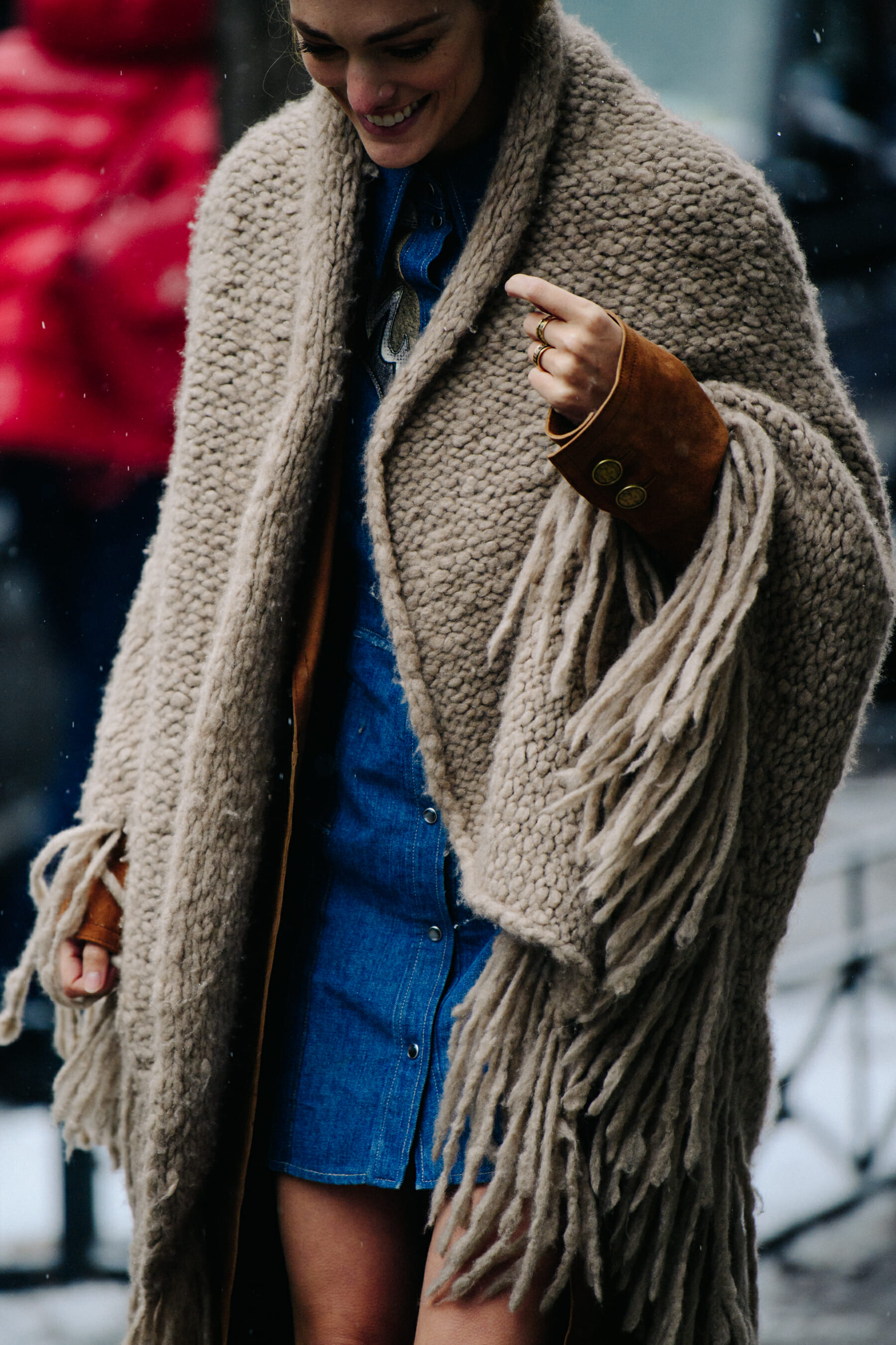 Woman wearing wool blanket