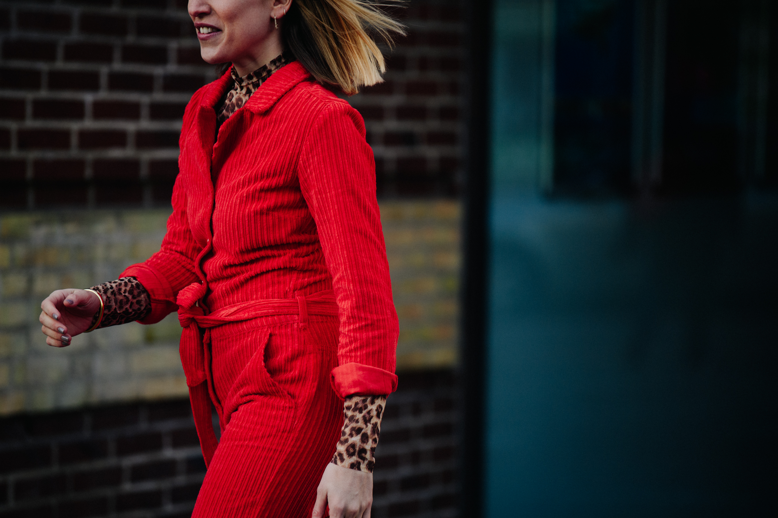 Woman wearing red jumpsuit