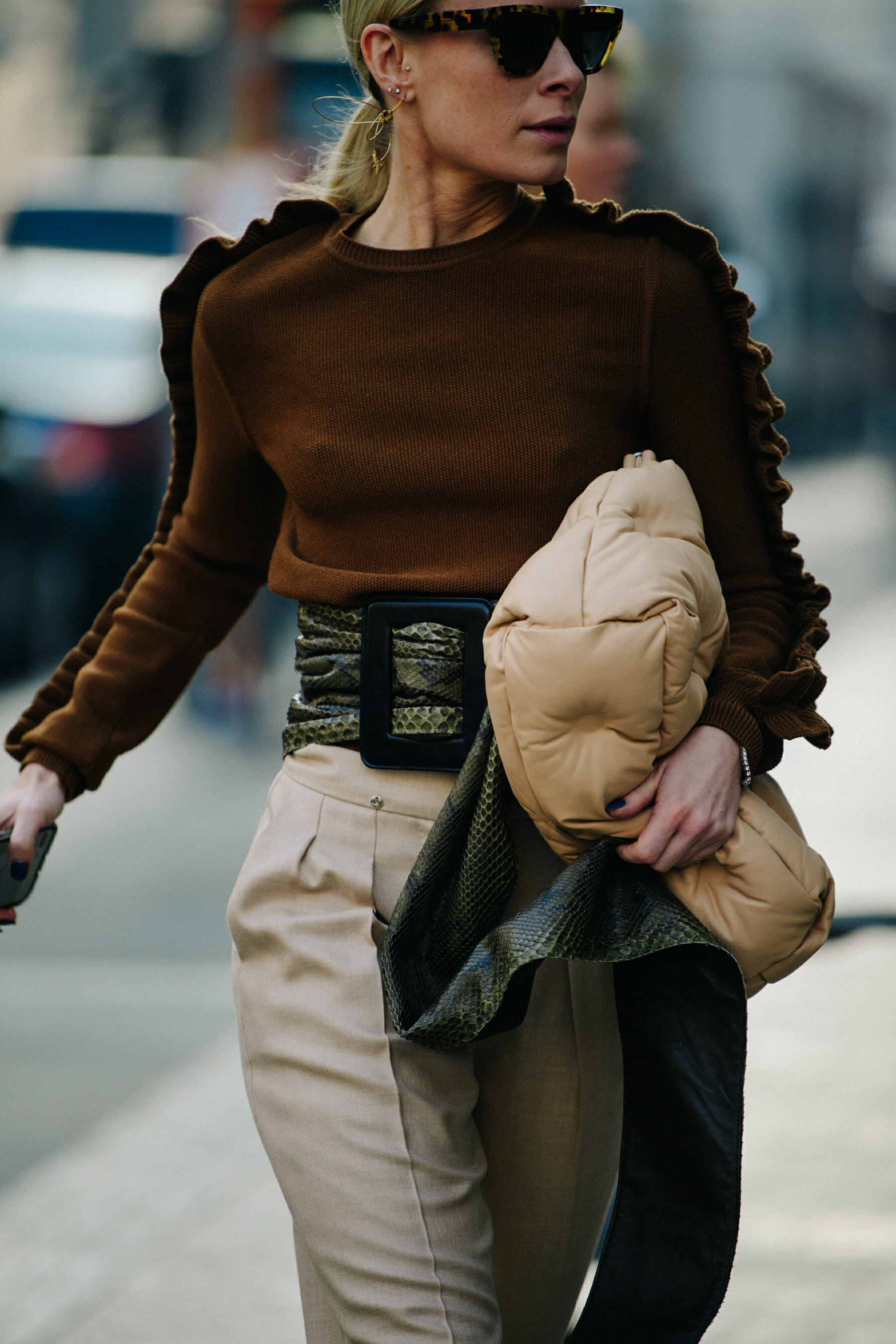 Woman wearing frilled top