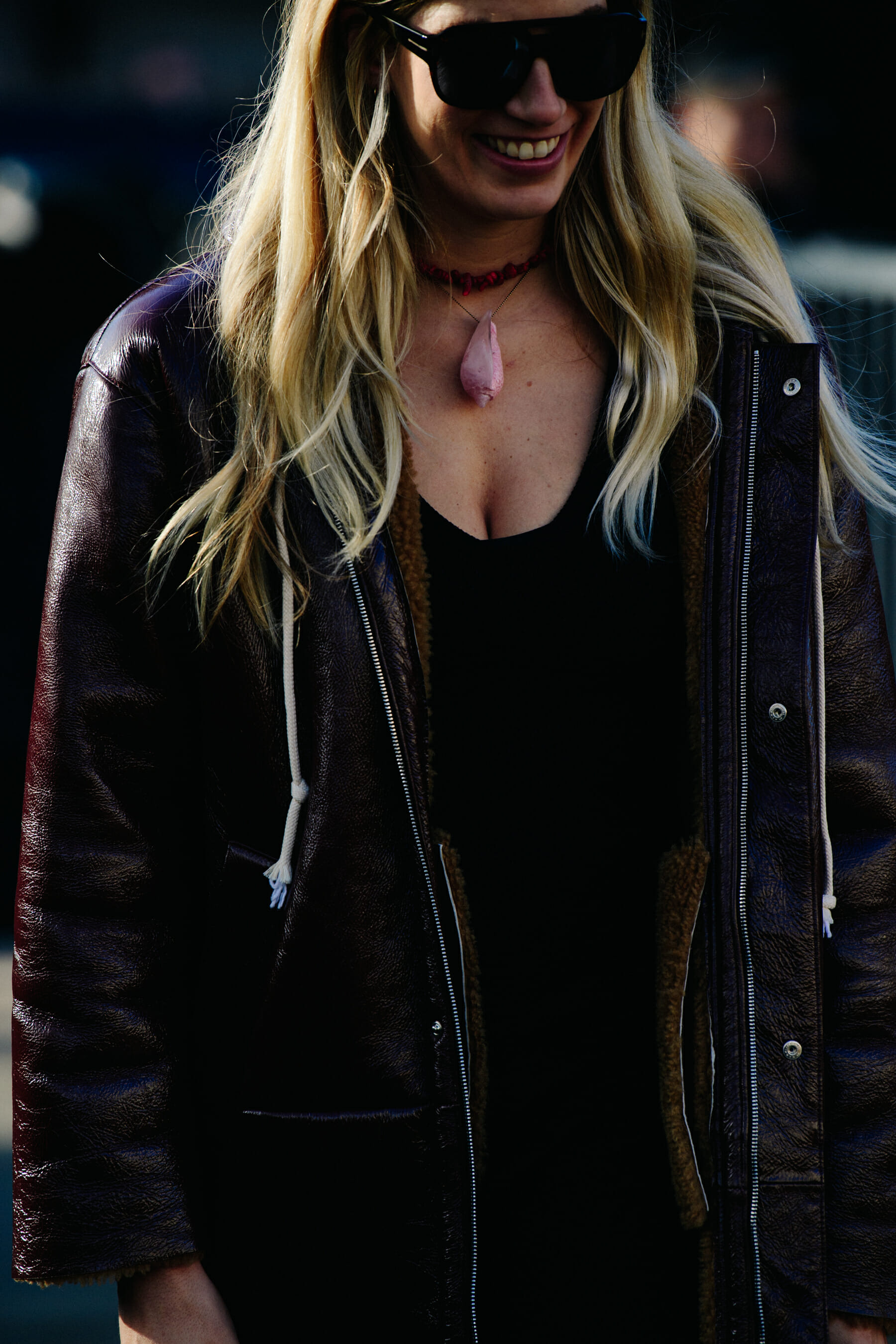 Woman wearing leather jacket