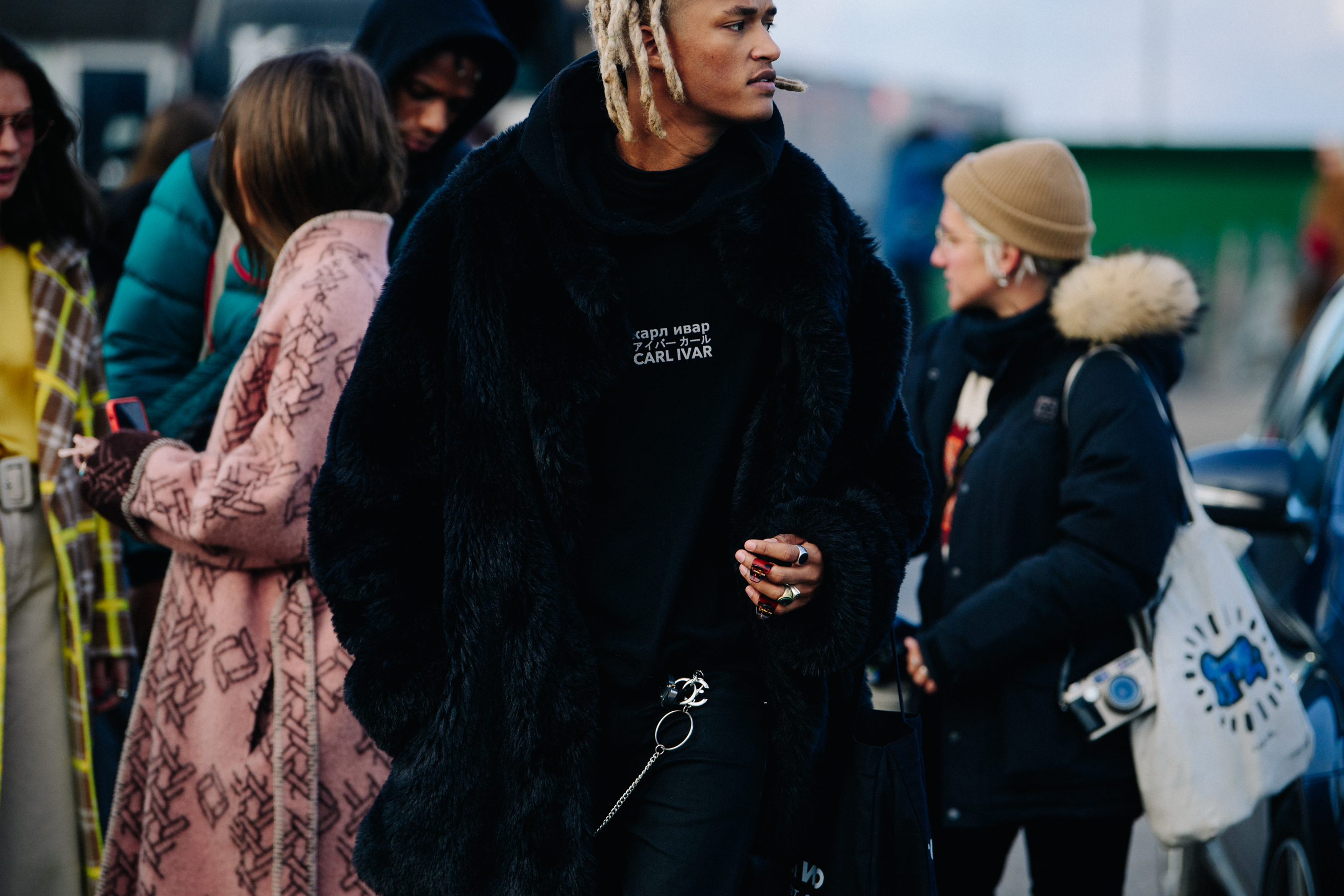 Norwegian model wearing black fur coat