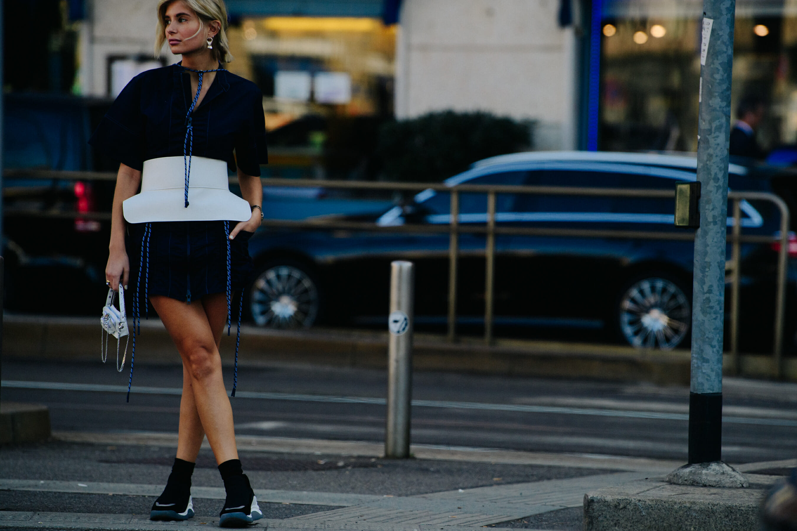 Greek blogger wearing blue dress