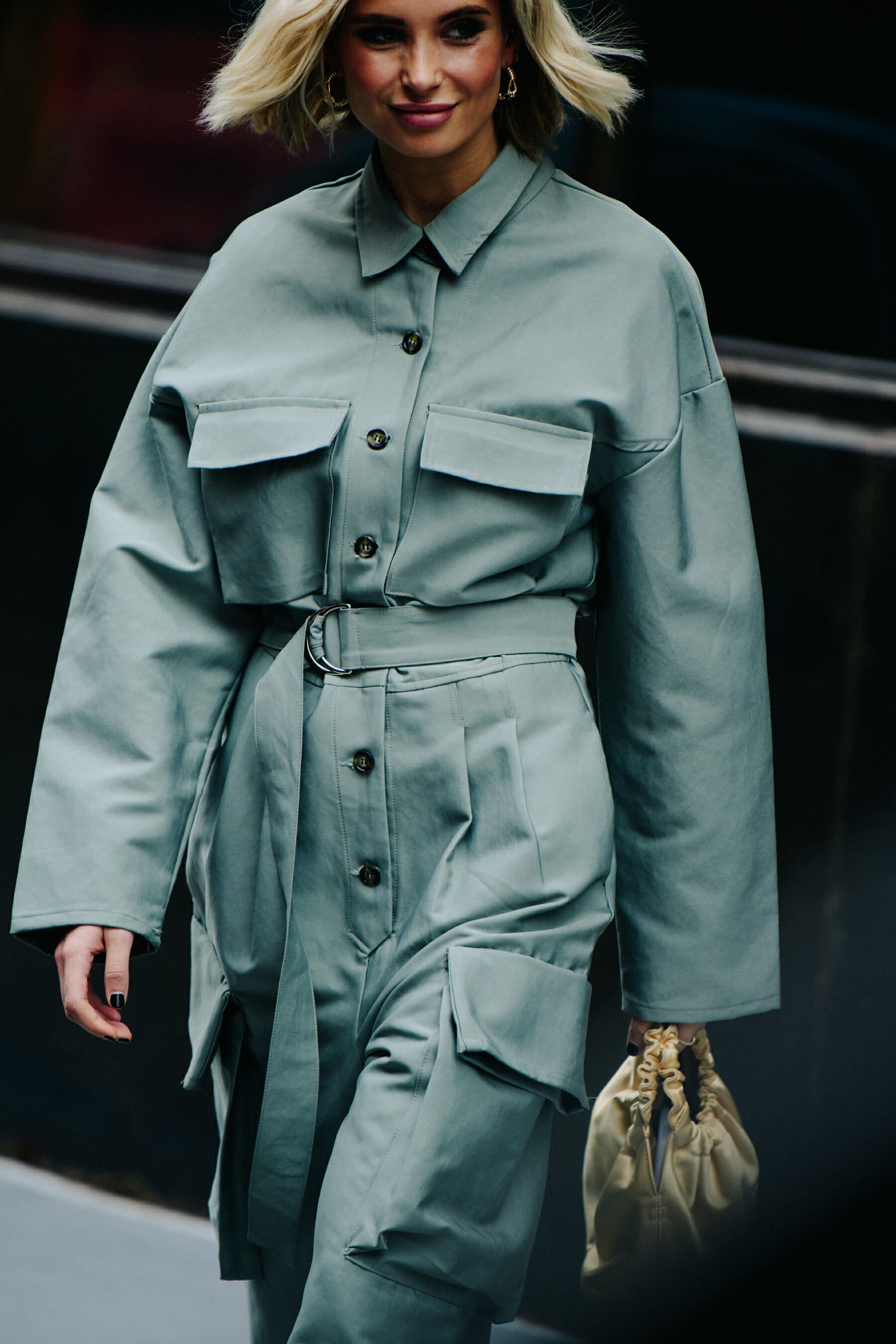 Blogger wearing blue jumpsuit