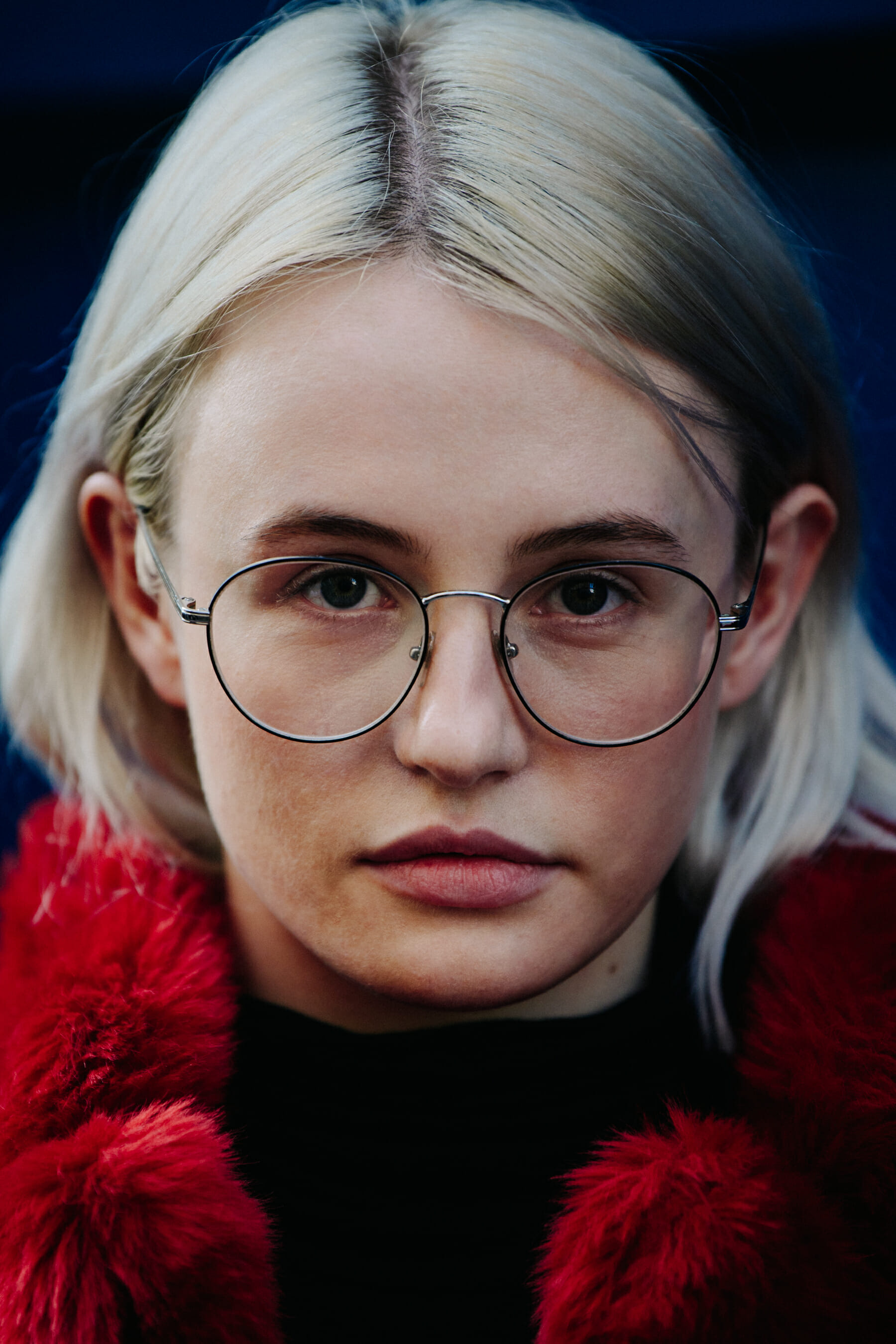 Portrait of model wearing large glasses