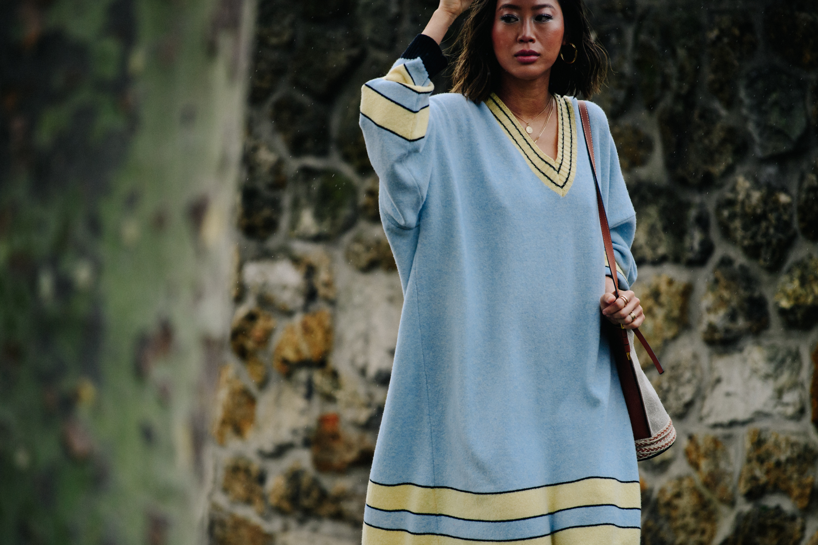 Woman wearing blue jumper