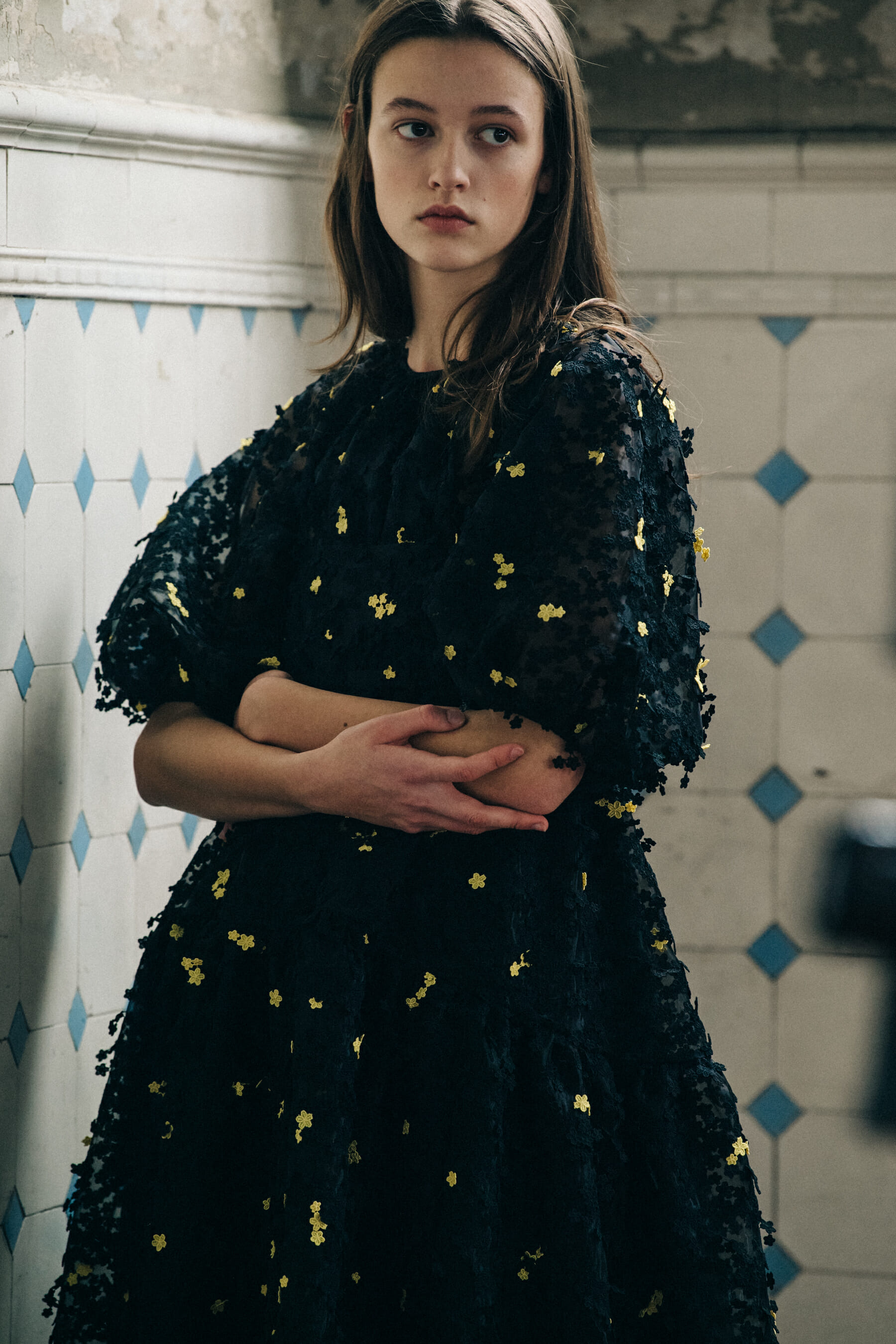 Model wearing black dress at Cecilie Bahnsen