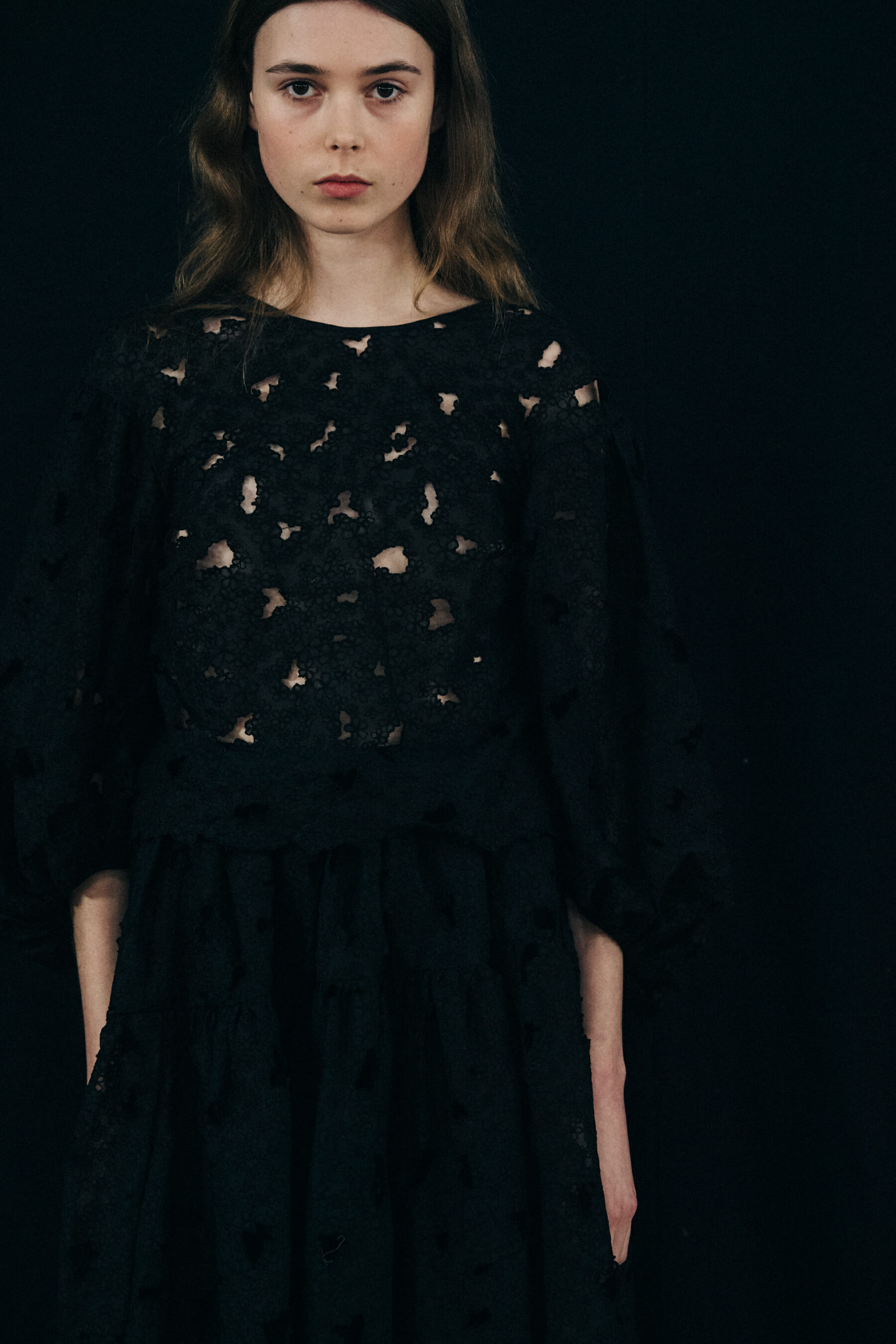 Model wearing black dress at Cecilie Bahnsen