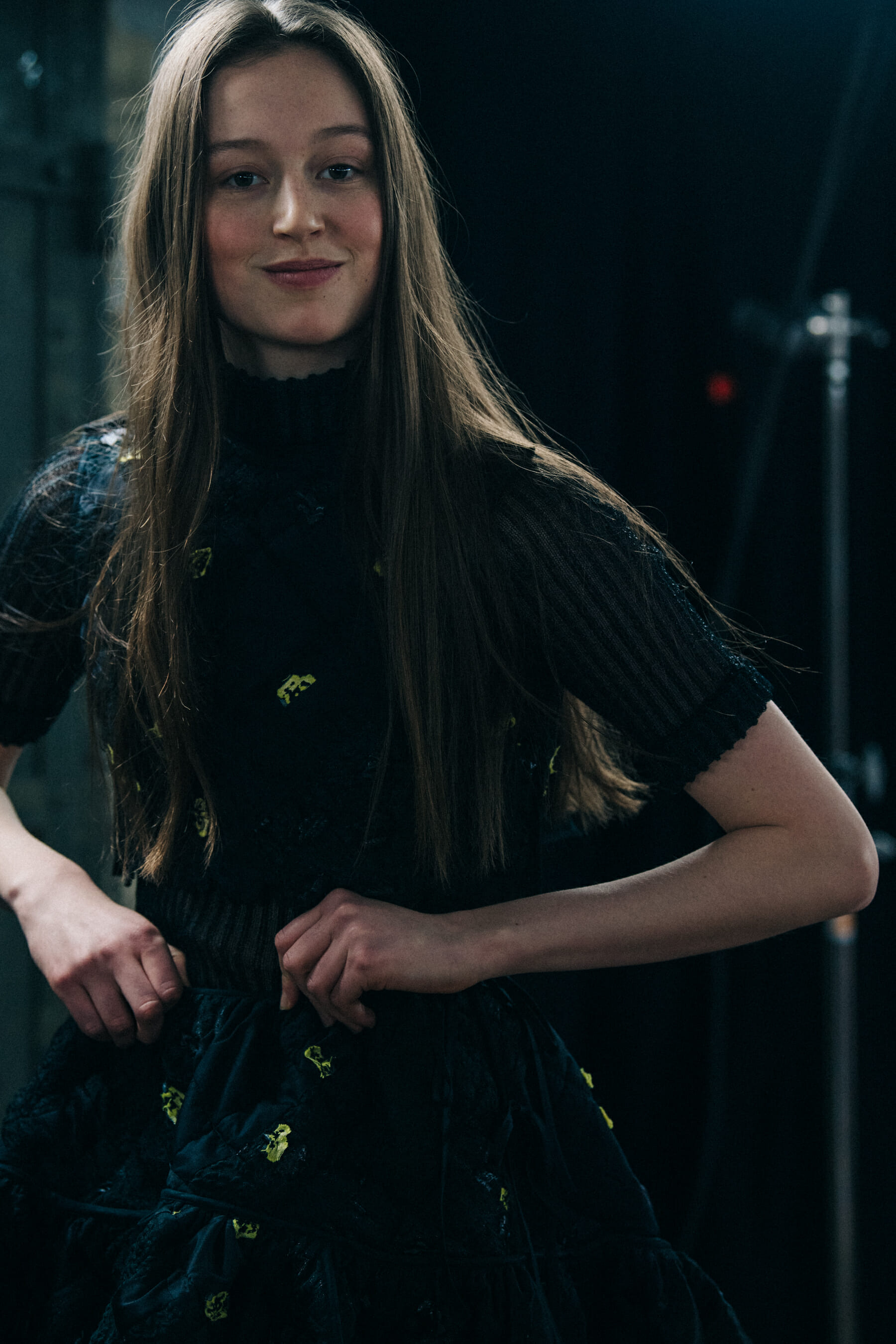 Model wearing black dress at Cecilie Bahnsen