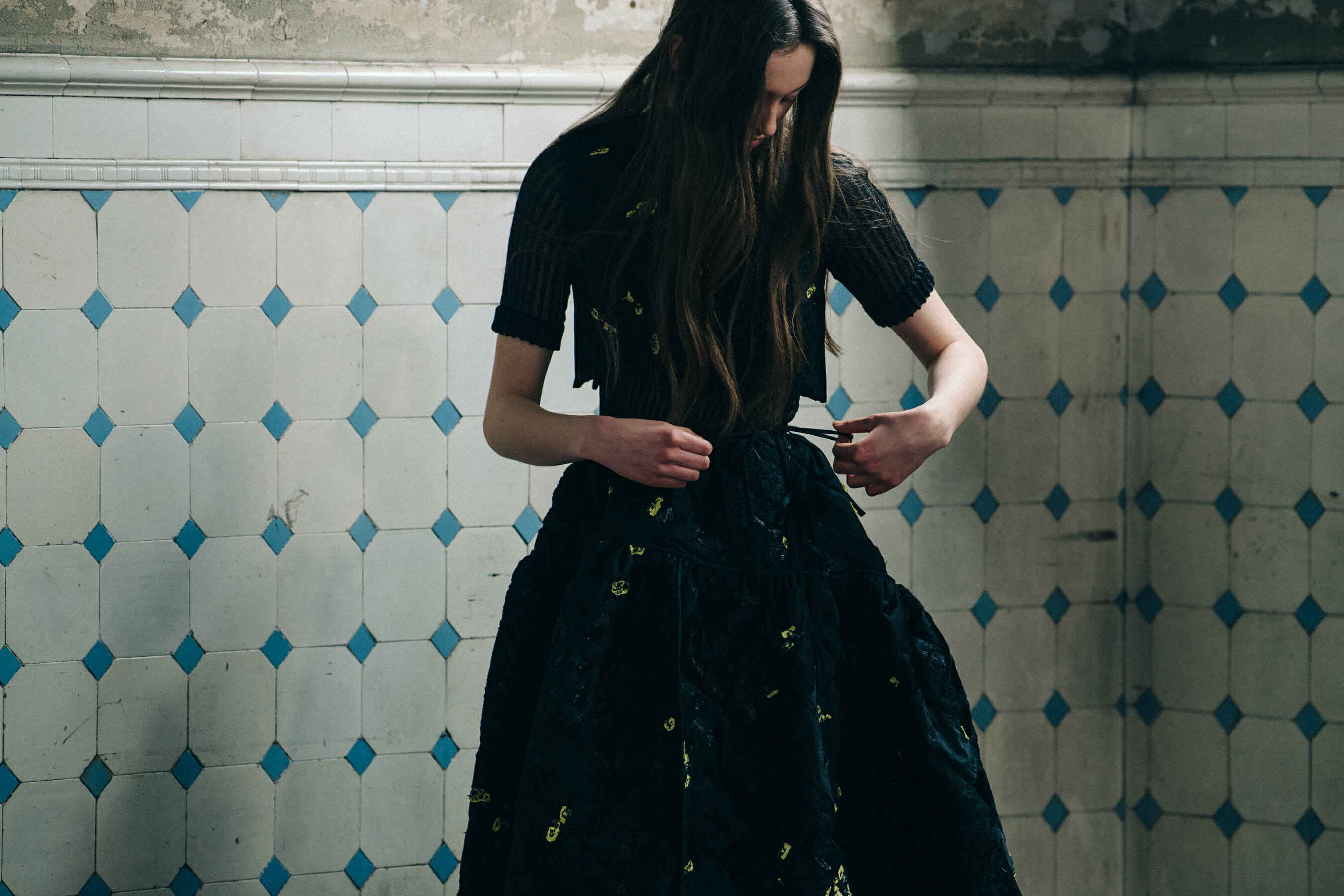 Model wearing black dress at Cecilie Bahnsen