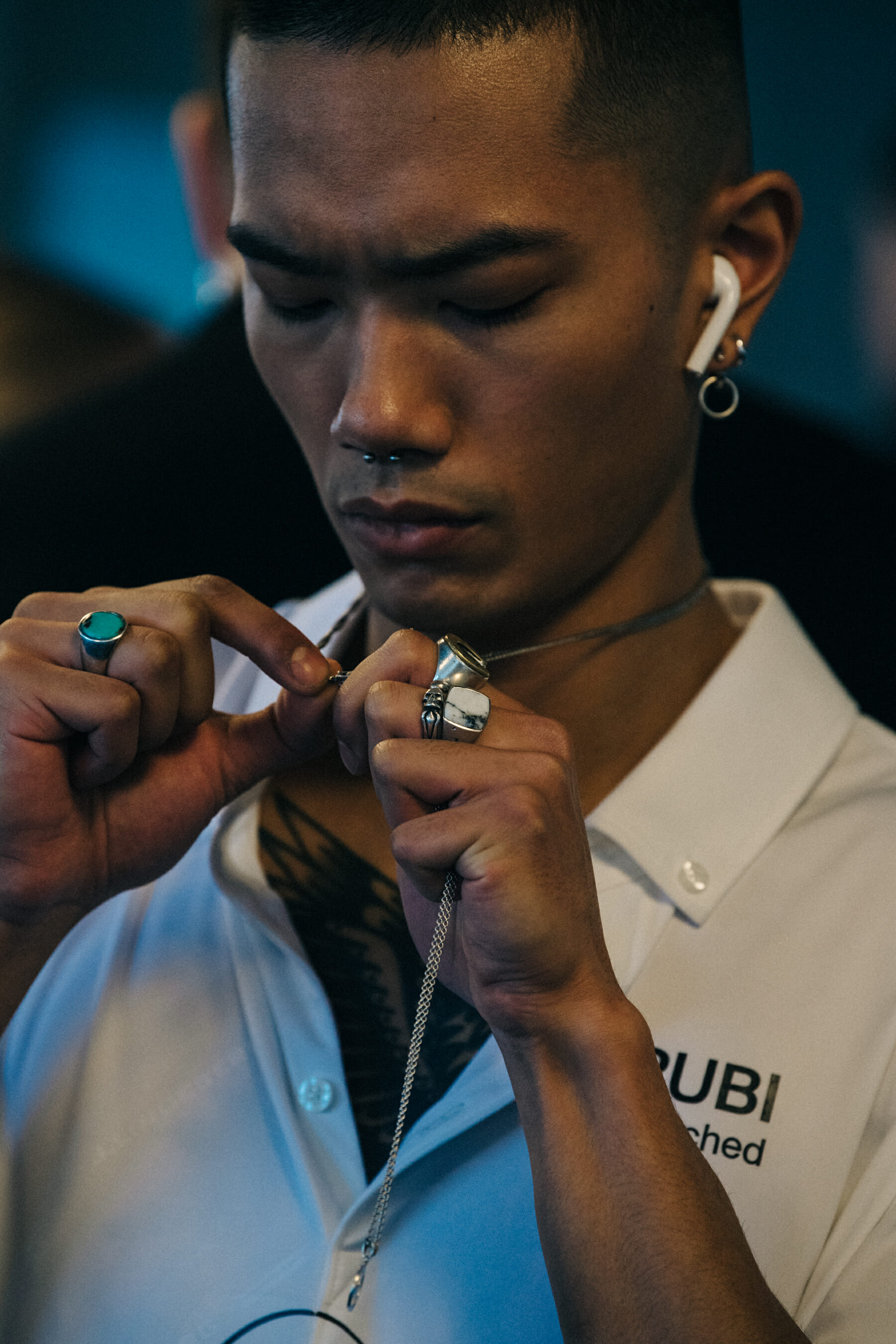 Earth Vangwithaykul backstage at J.Lindeberg