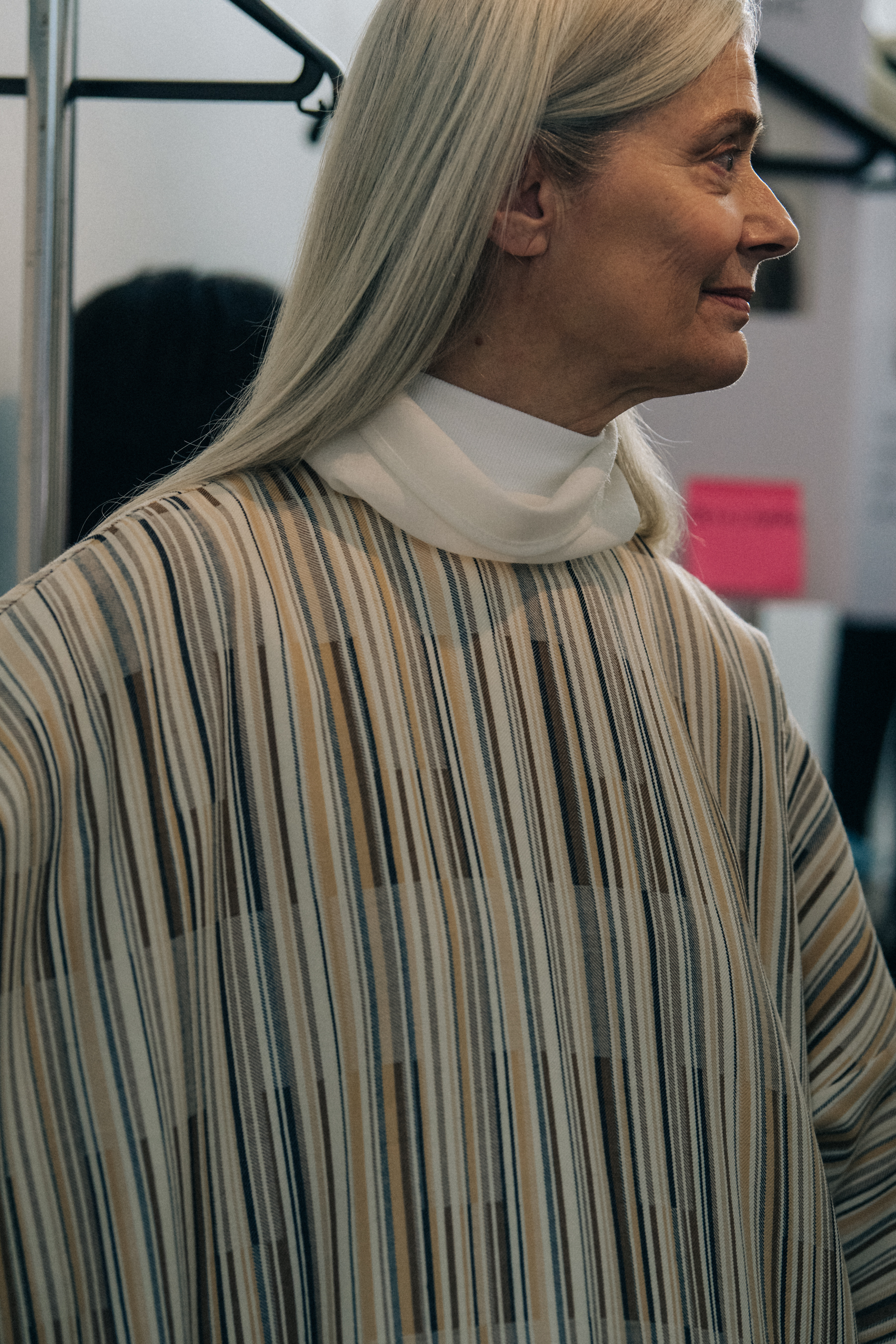 Model wearing wool backstage at Nehera