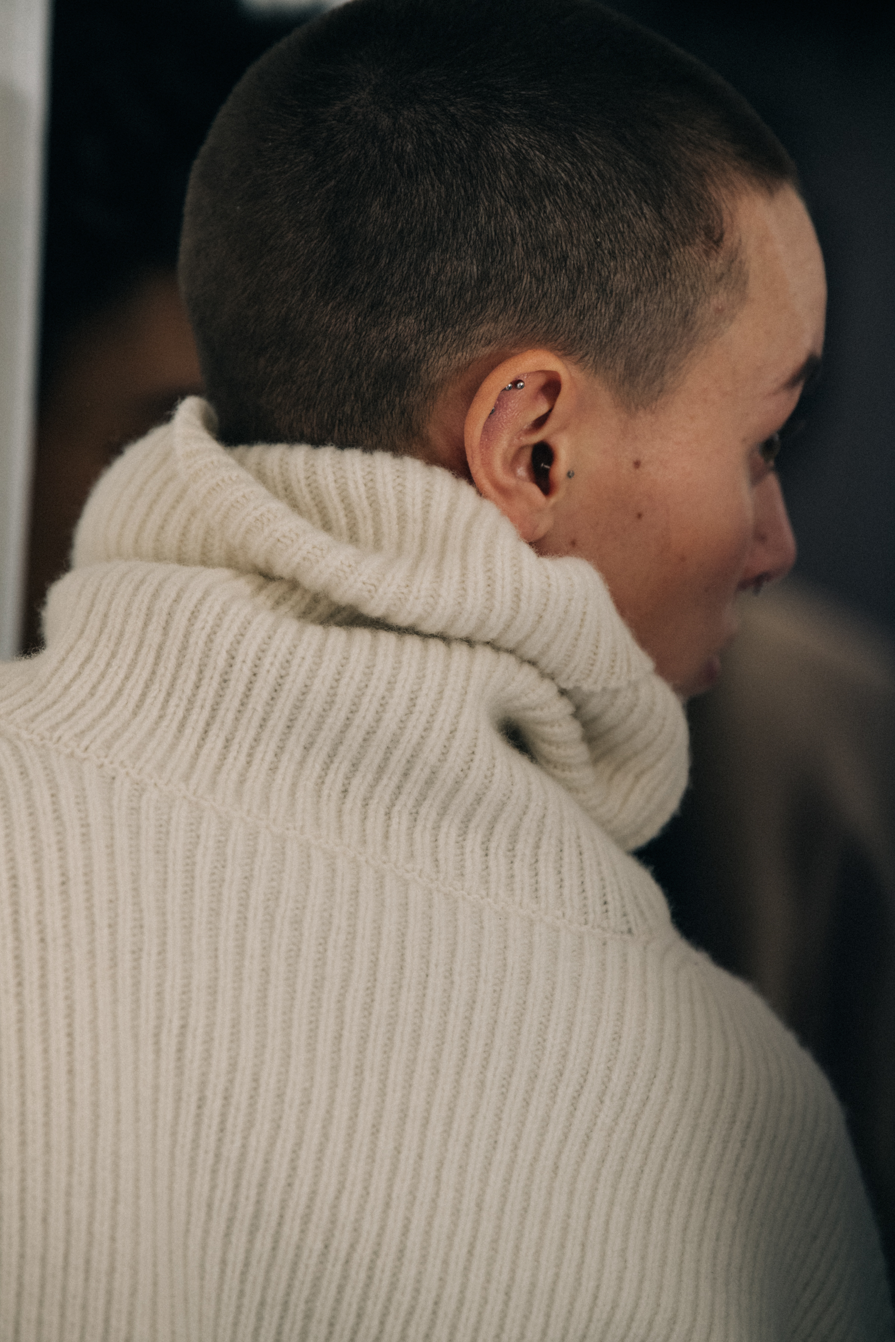 Model wearing wool backstage at Nehera