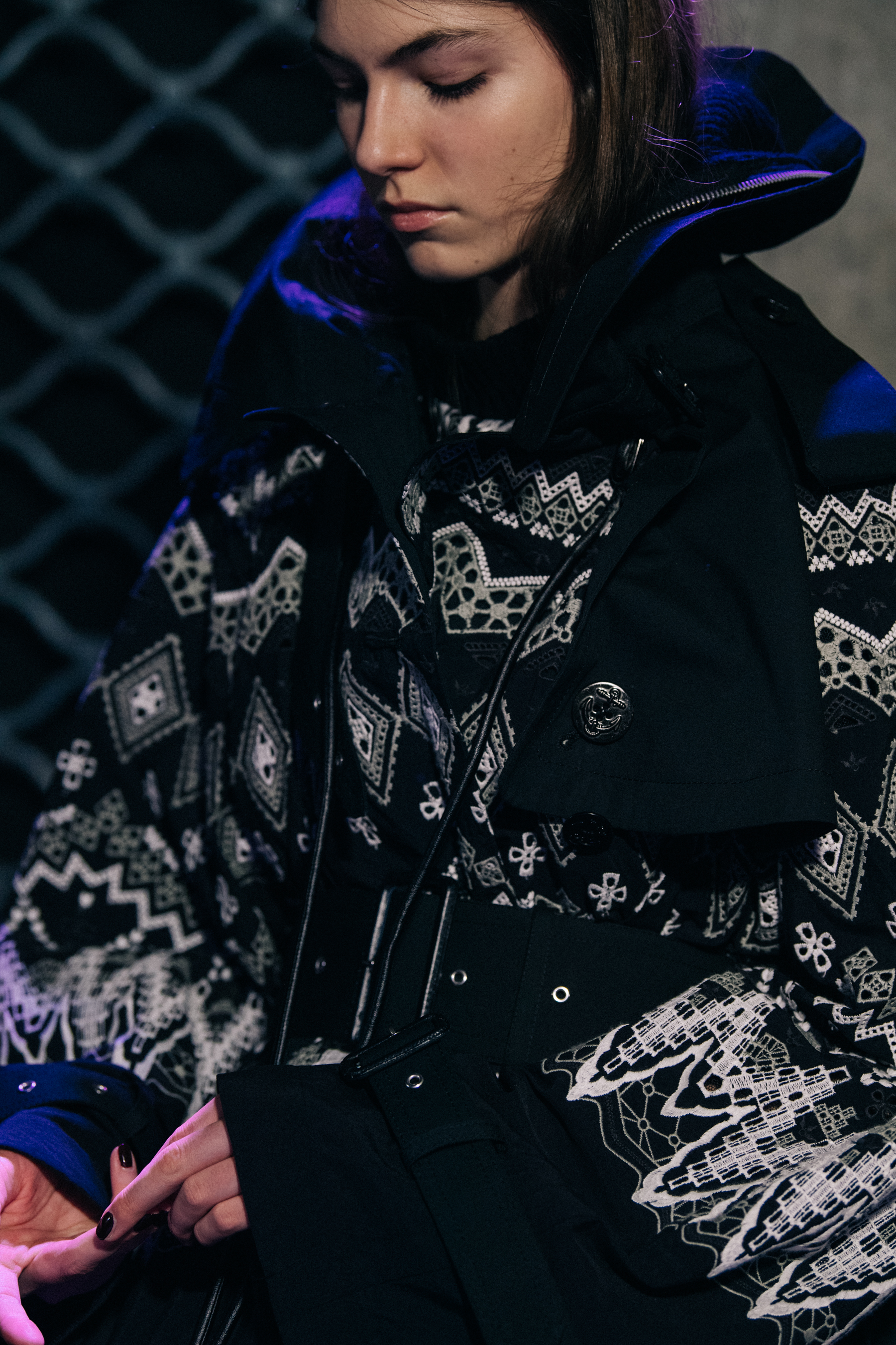 Alberte Mortensen backstage at Sacai