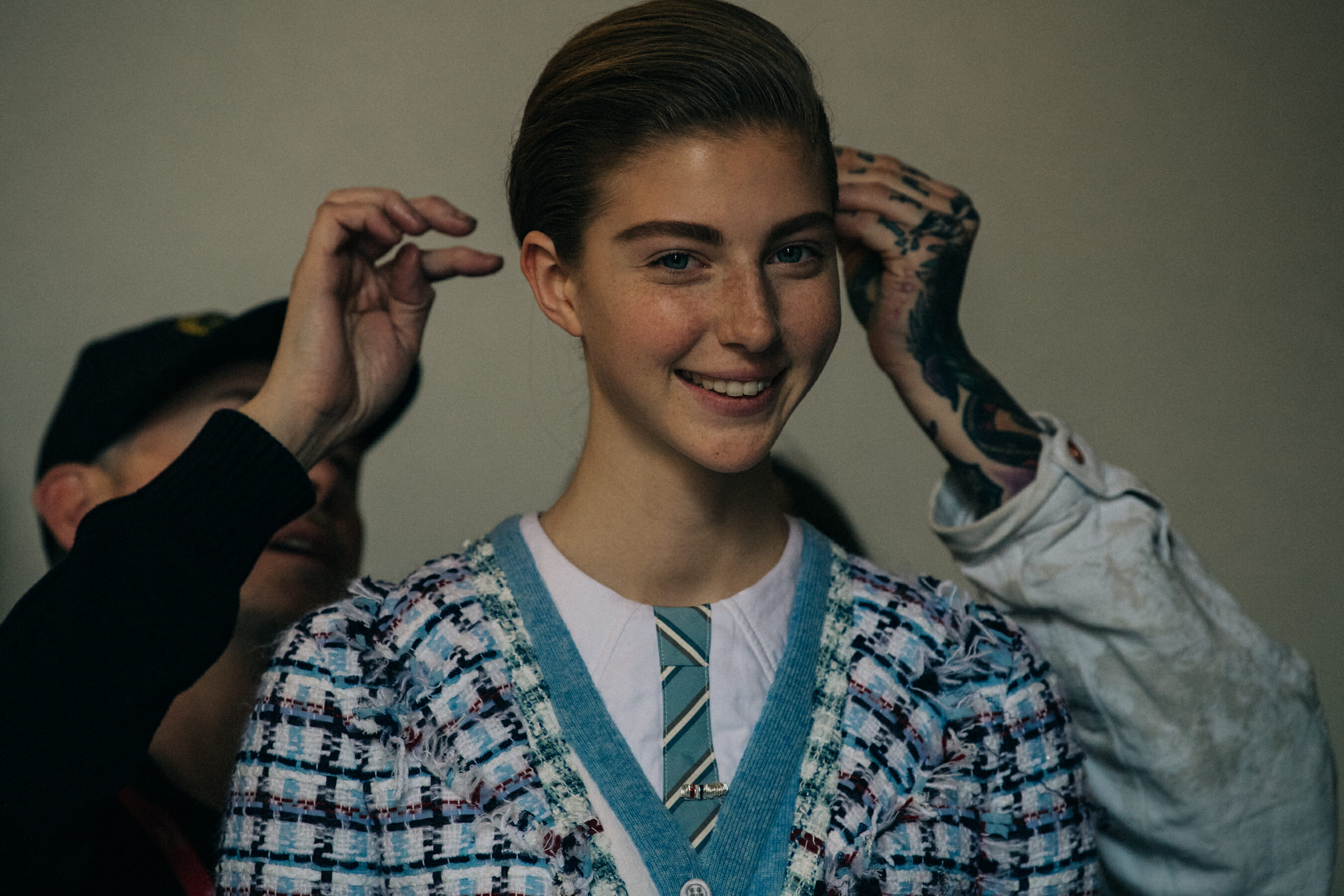 Polina Shapran backstage at Thom Browne