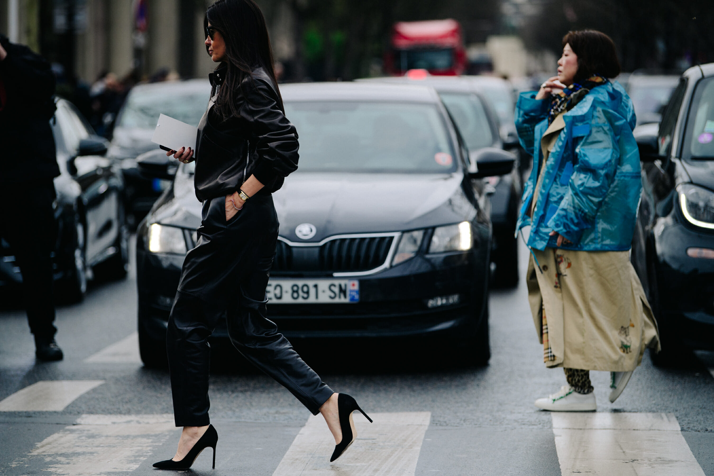 Woman wearing black leather outfit