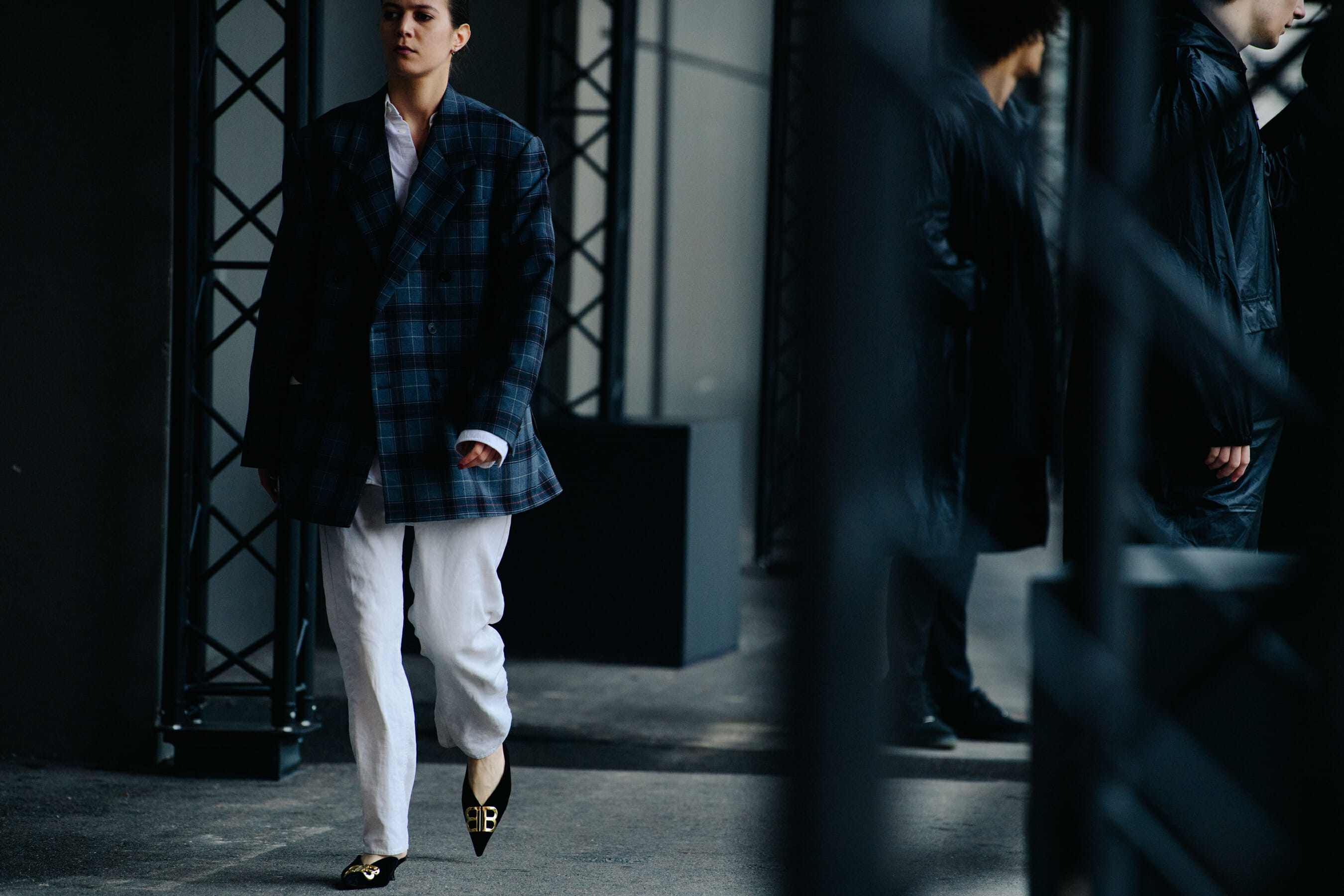 Woman wearing check jacket