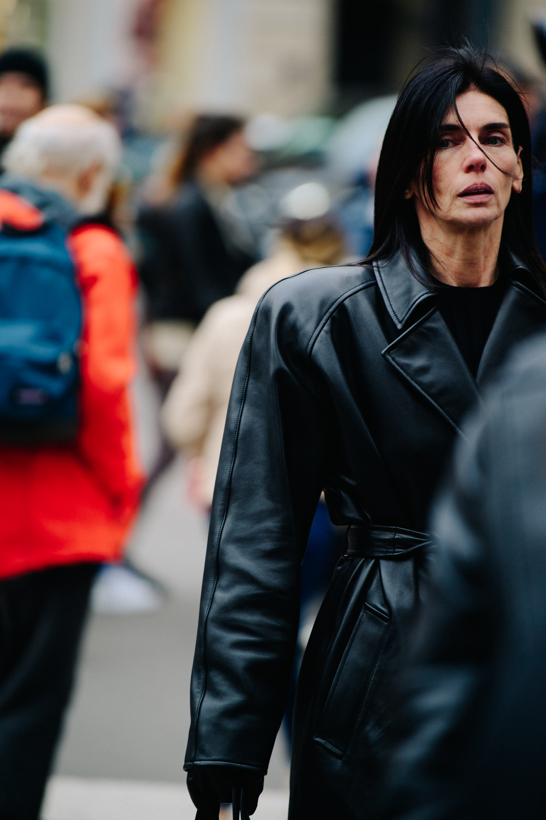 Woman wearing leather coat