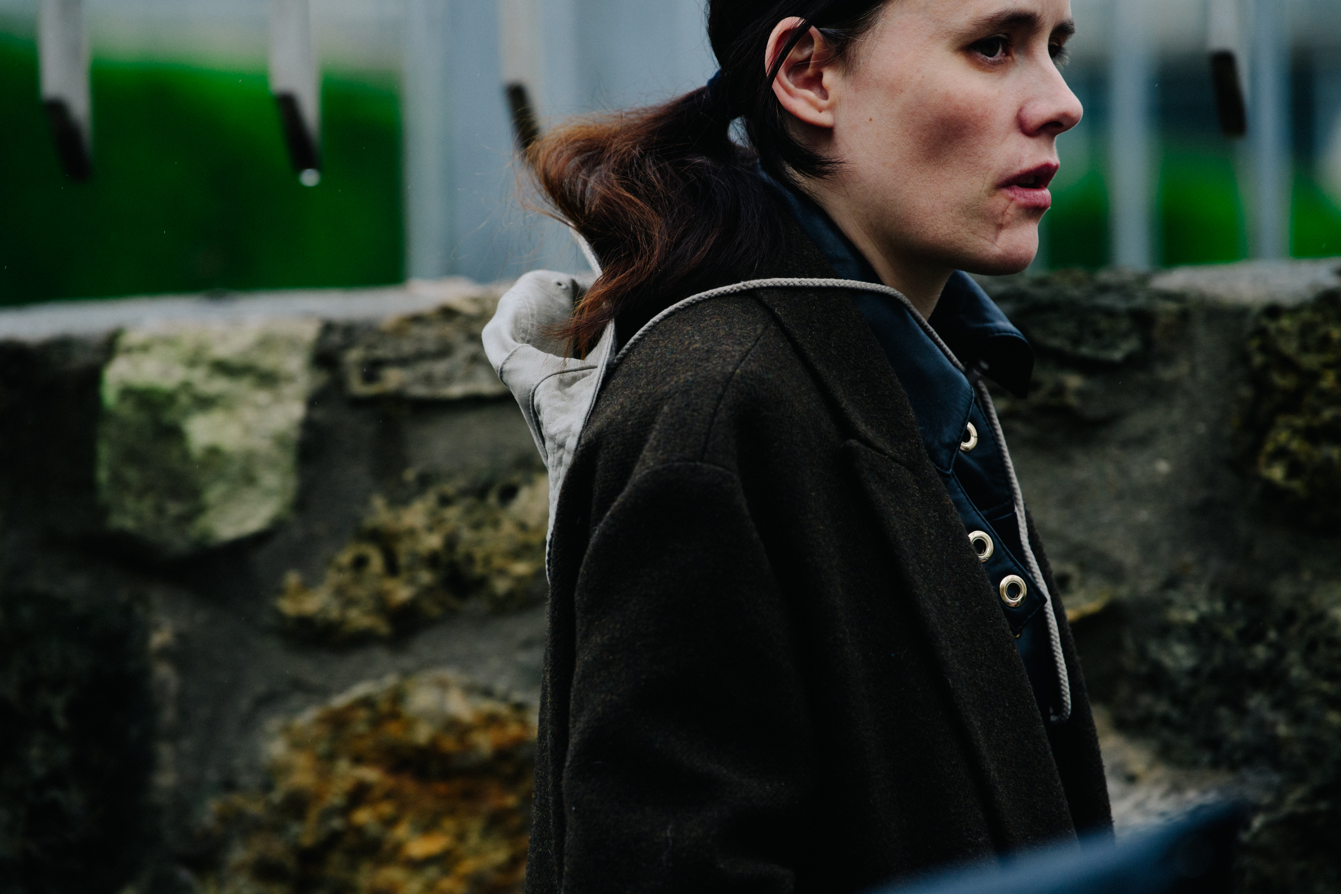 Woman wearing dark wool coat