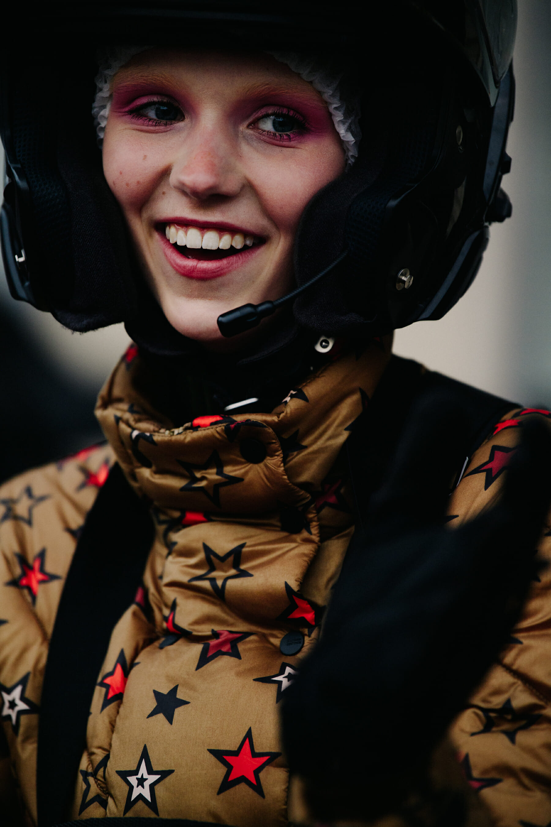Model wearing motorcycle helemt