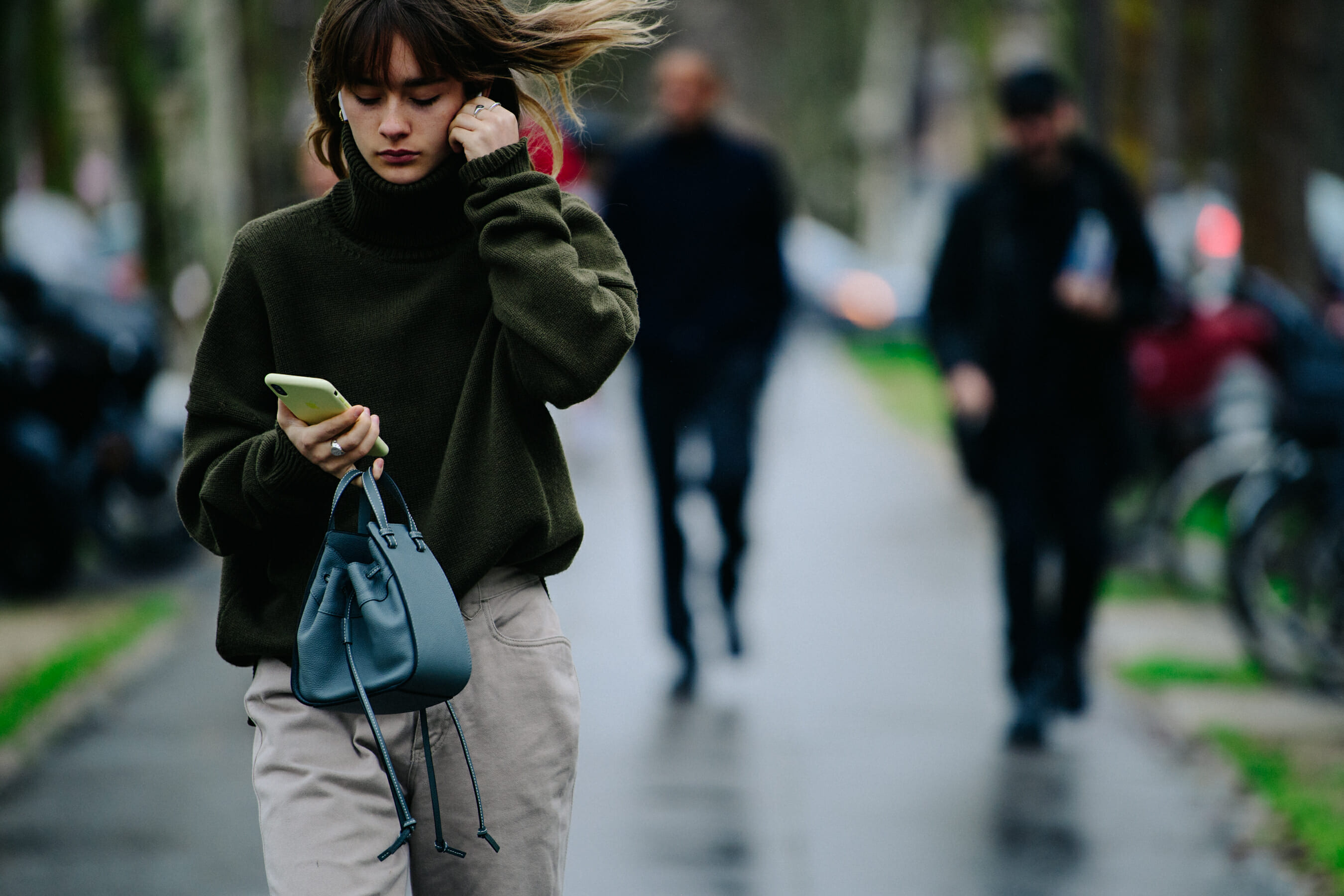 French model wearing green jumper