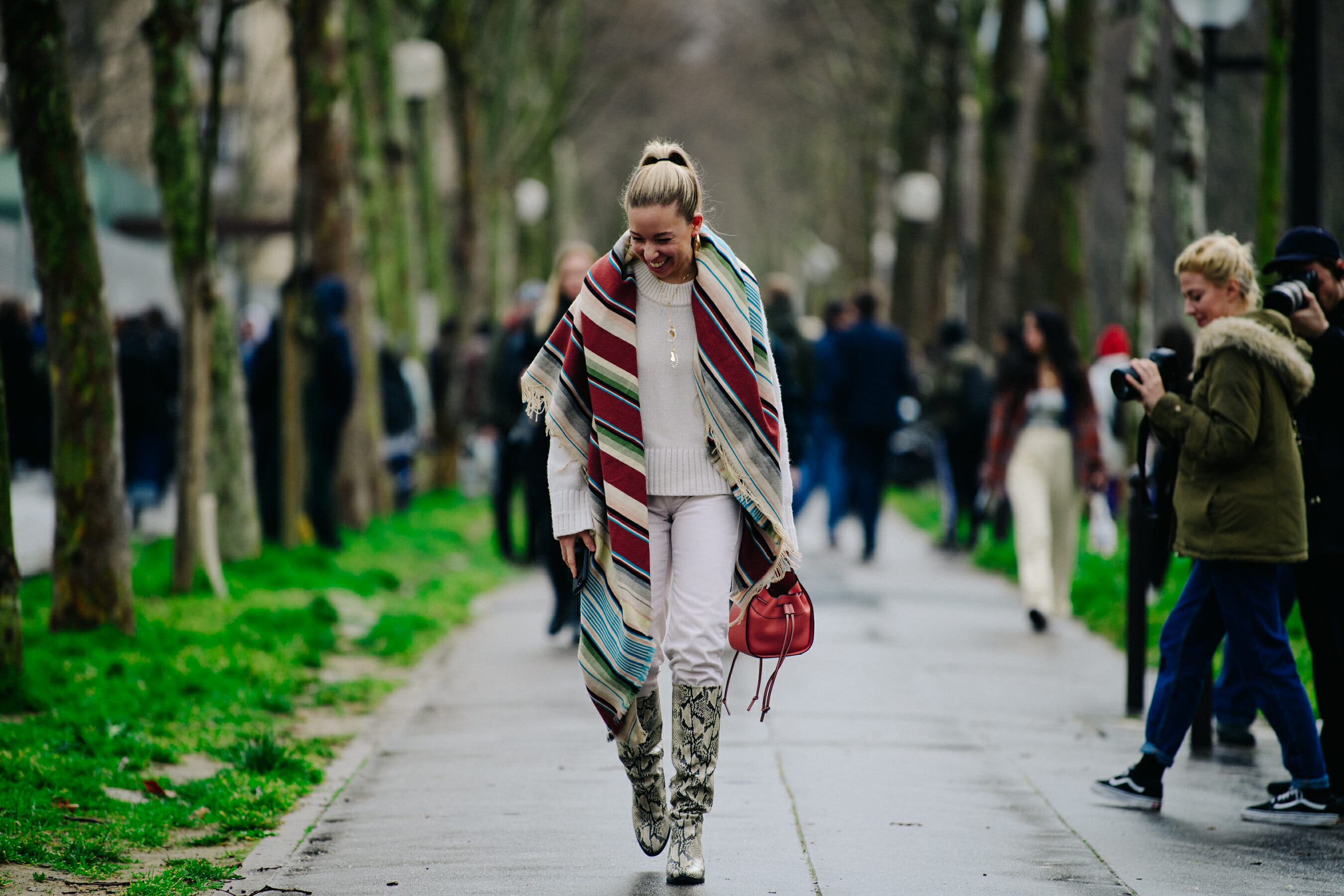 Woman wearing striped scarf