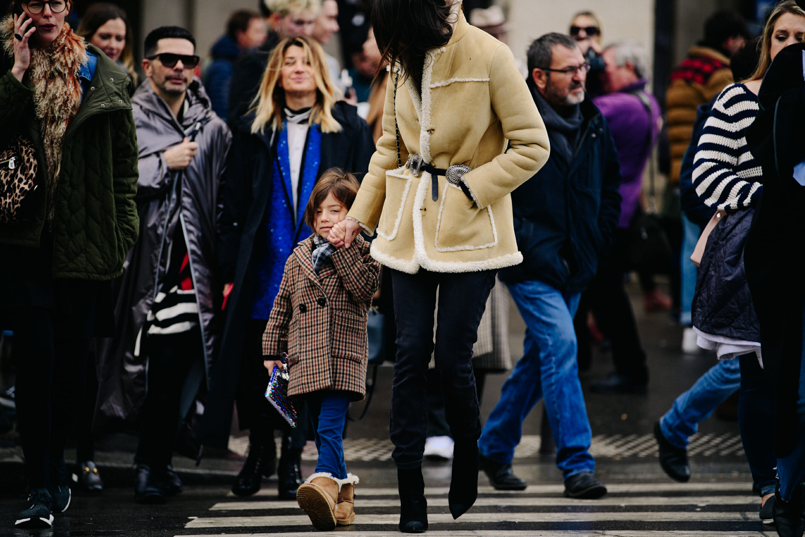 Woman wearing shearling jacket