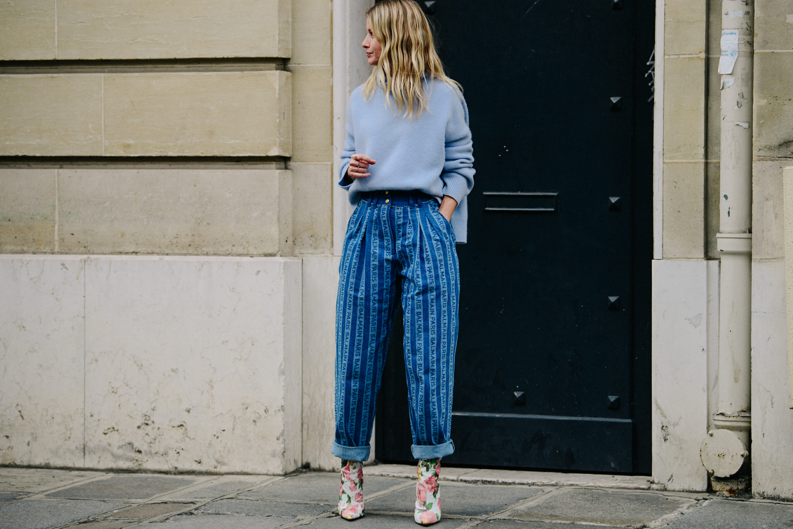 Woman wearing Balmain jeans