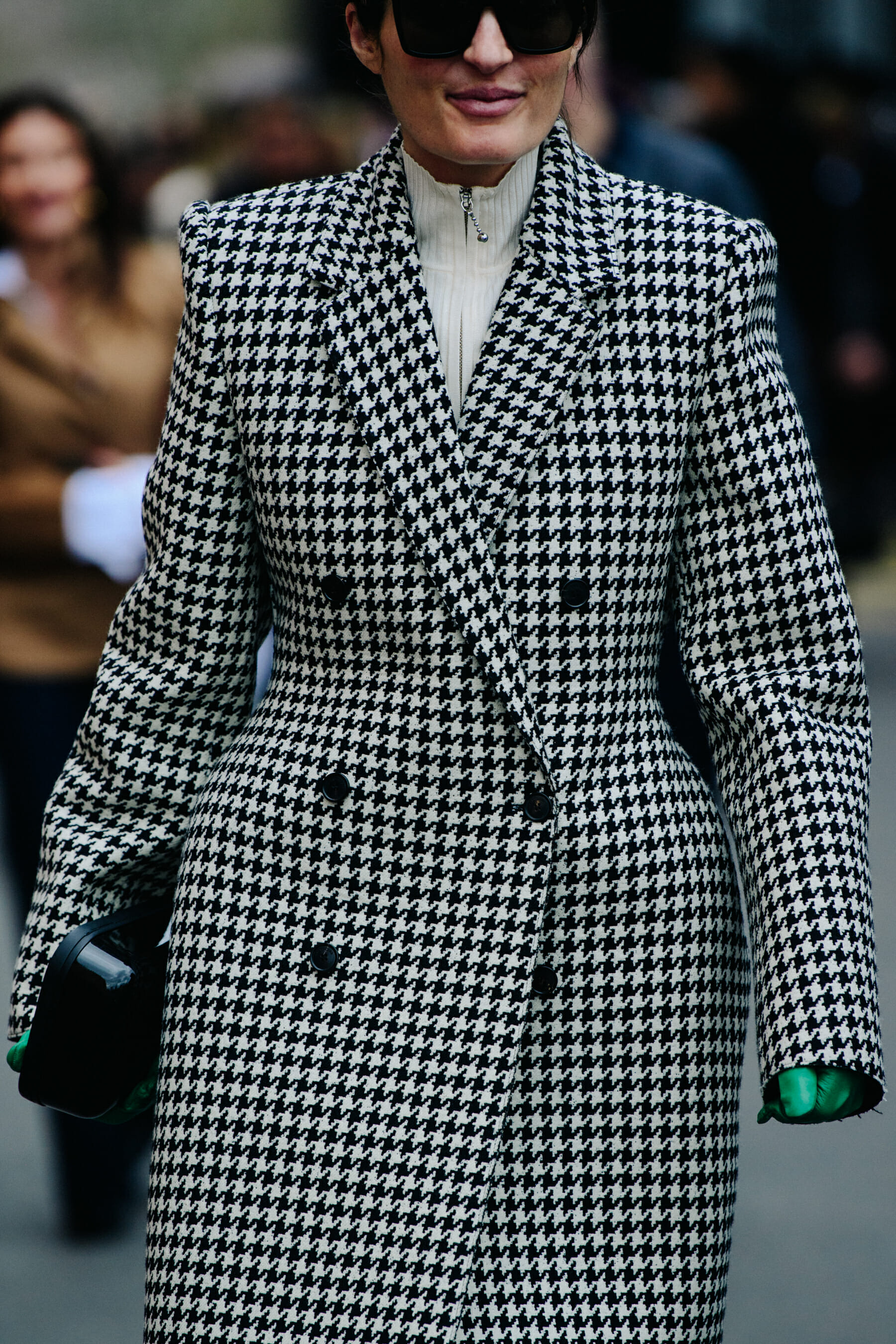 Woman wearing pattern wool coat