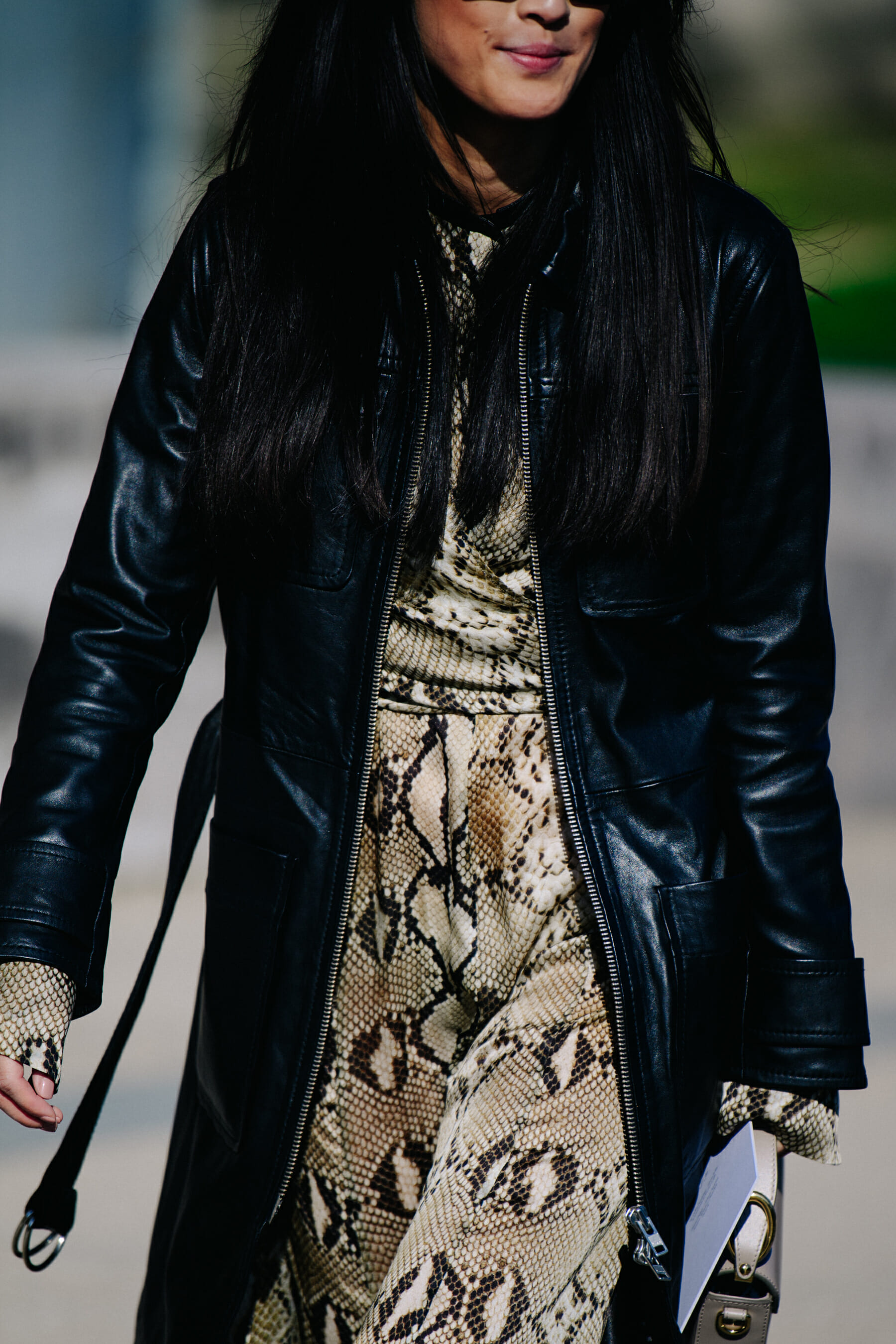 Woman wearing snakeskin dress