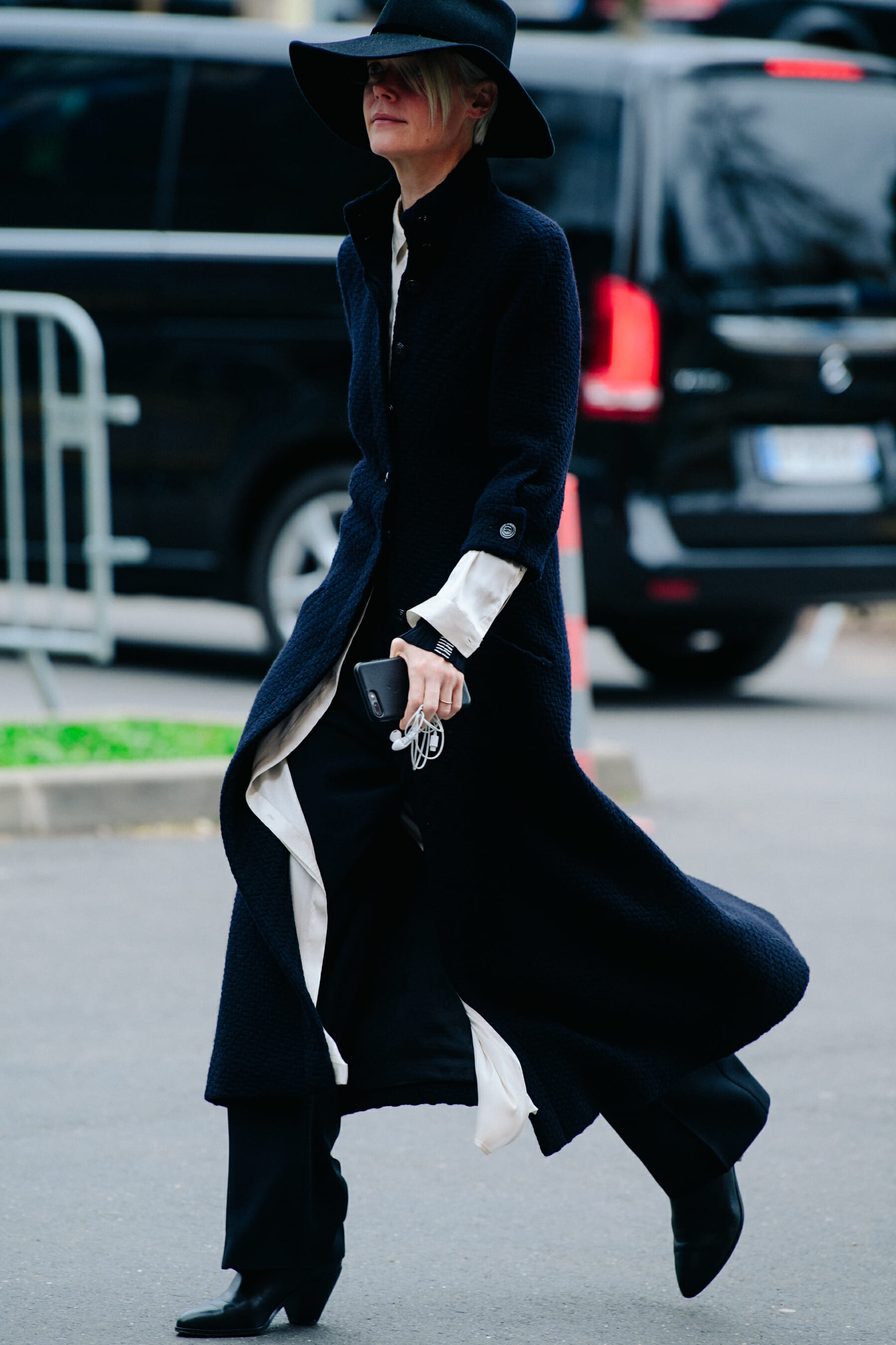 Woman wearing navy blue outfit