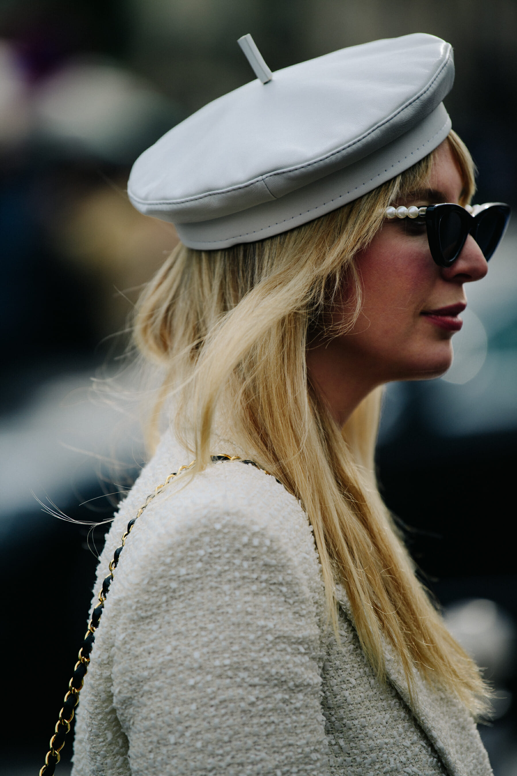 Woman wearing leather beret