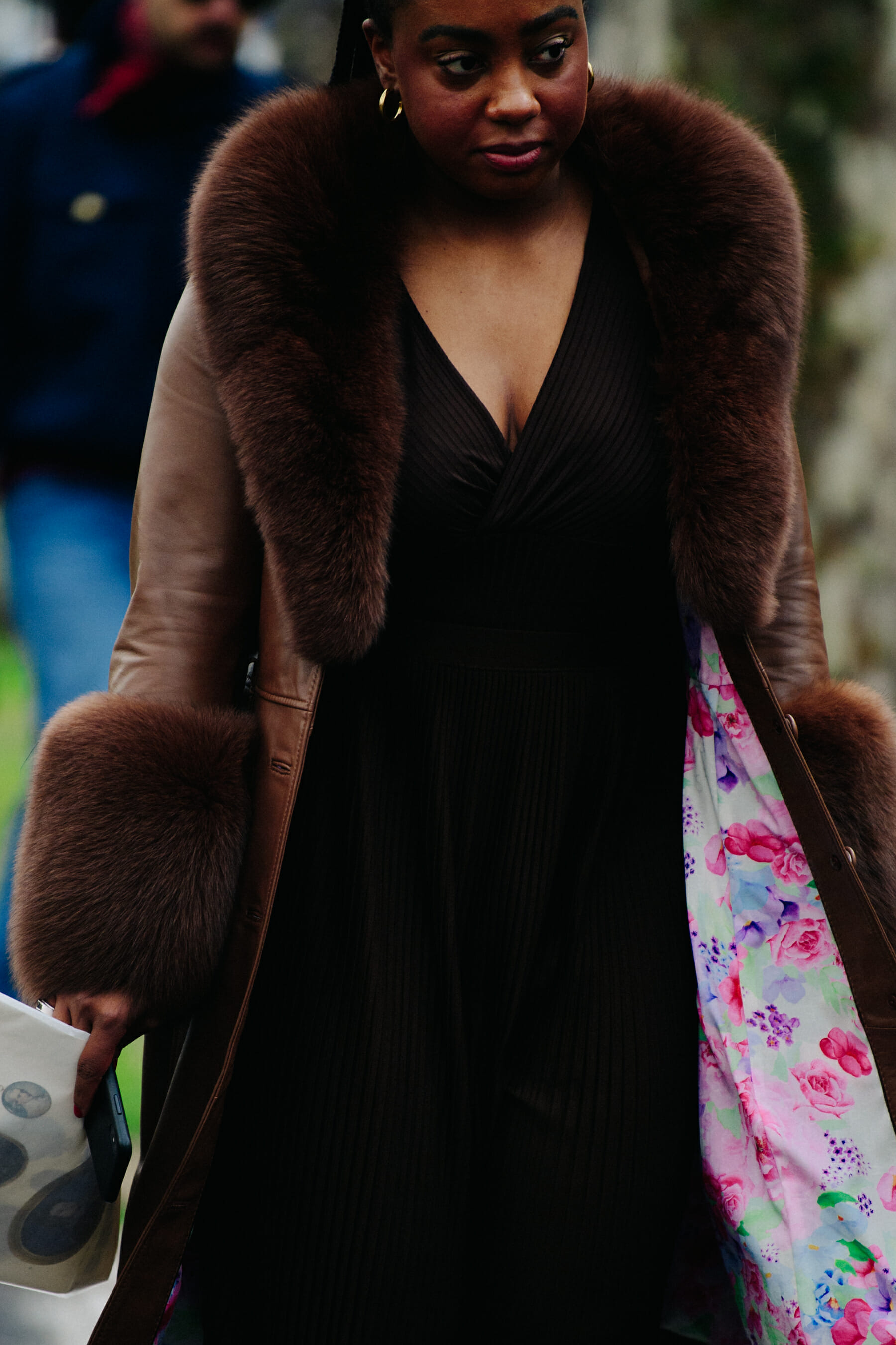 Woman wearing floral coat