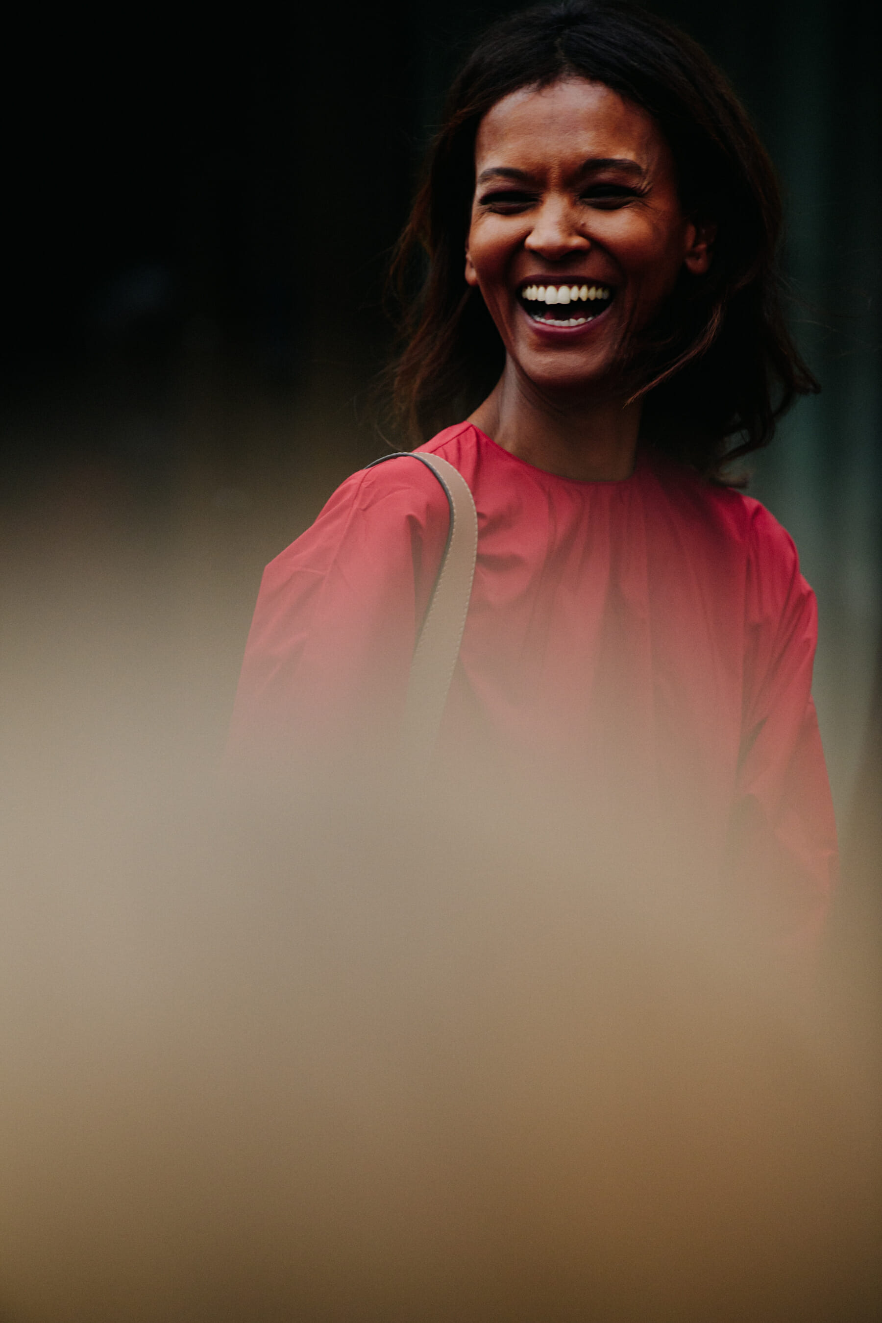 Model wearing red dress