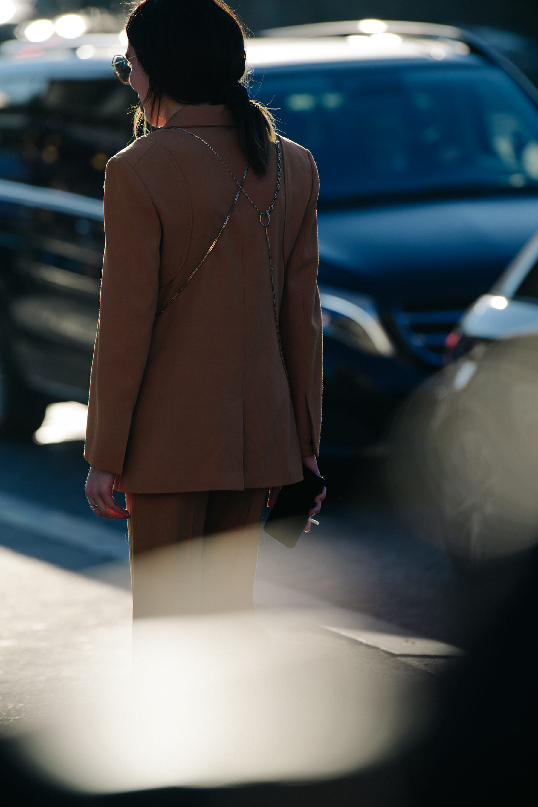 Blogger wearing tan suit