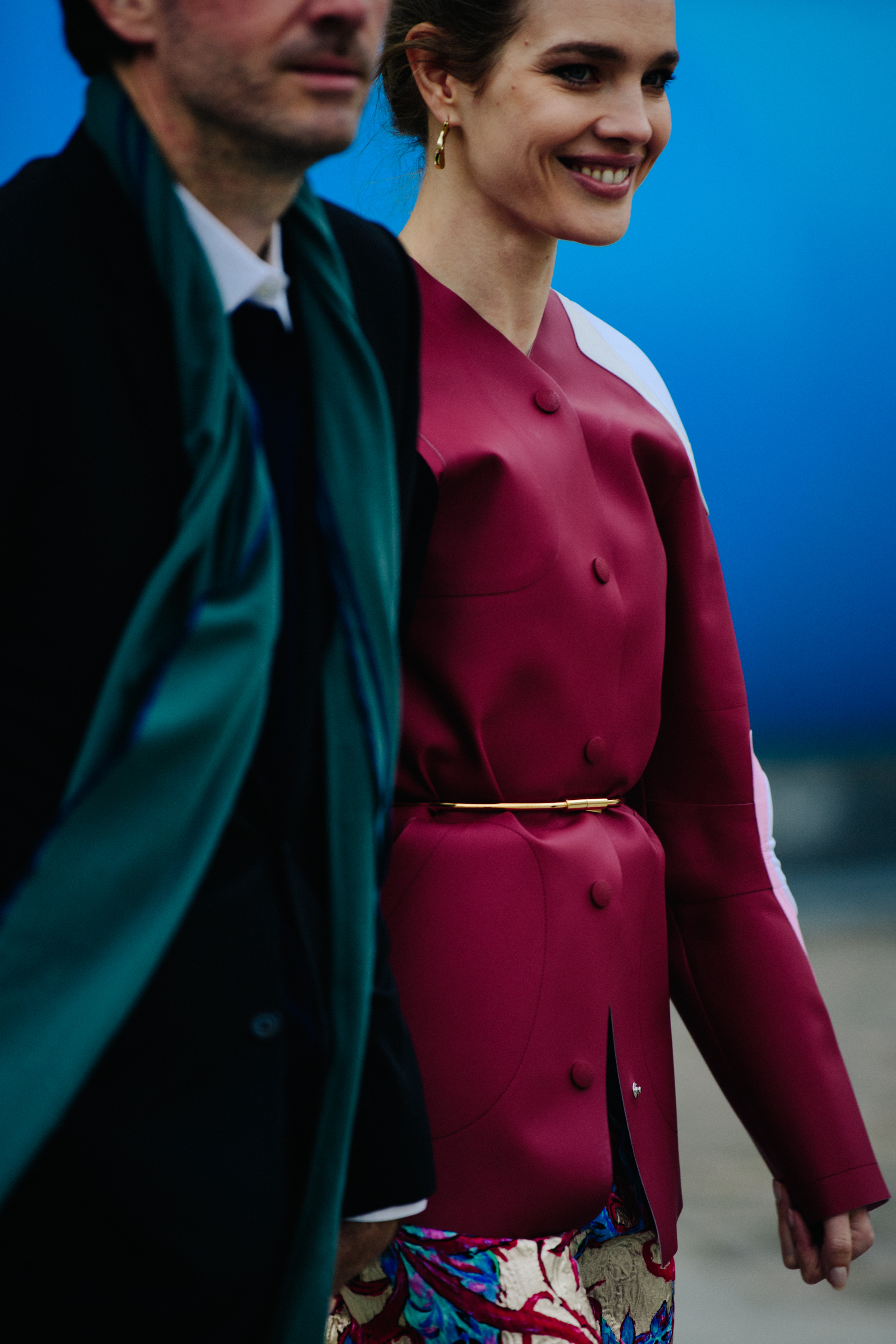 Model wearing pink leather jacket