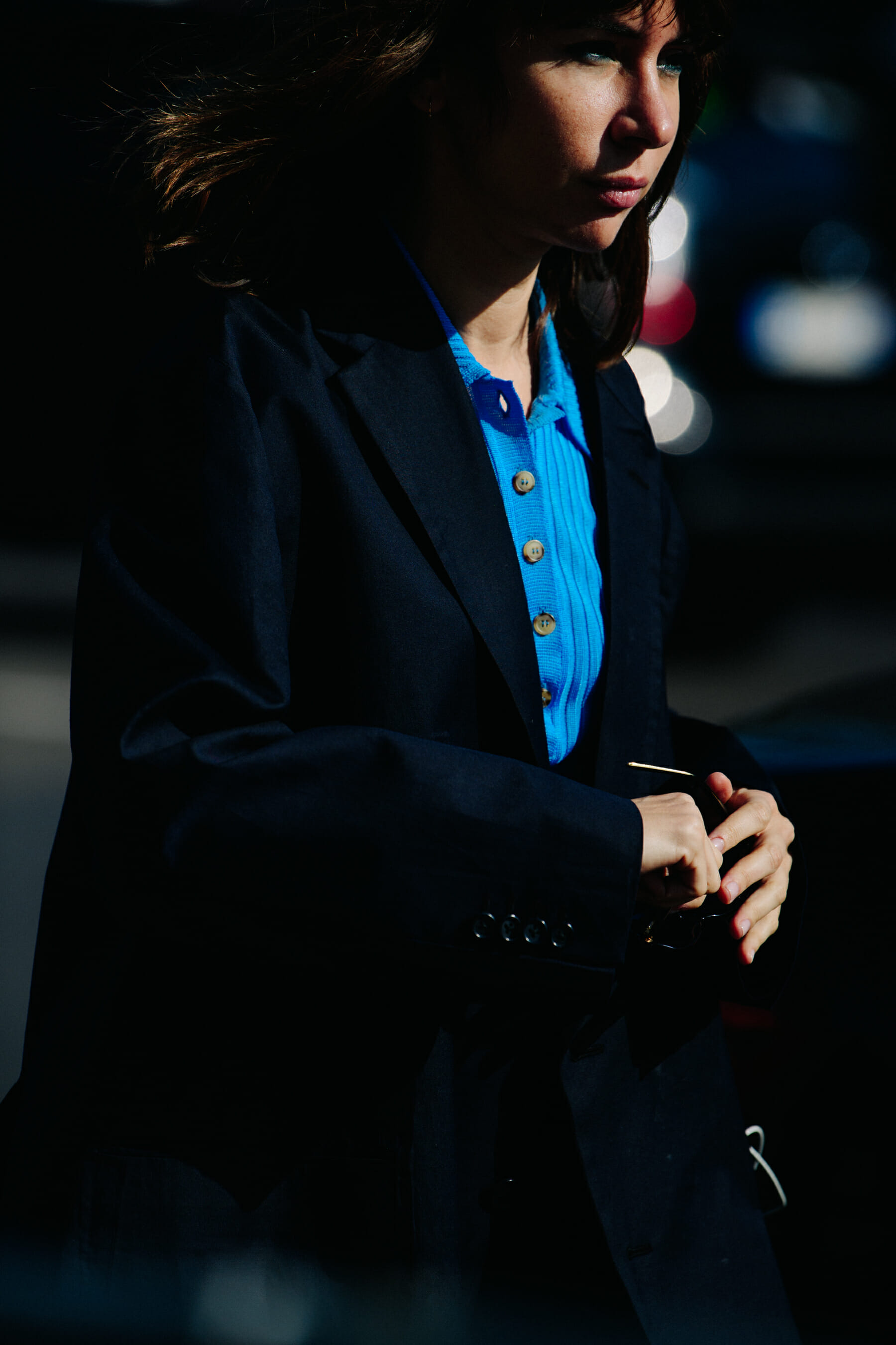 Russian woman wearing blue wool top