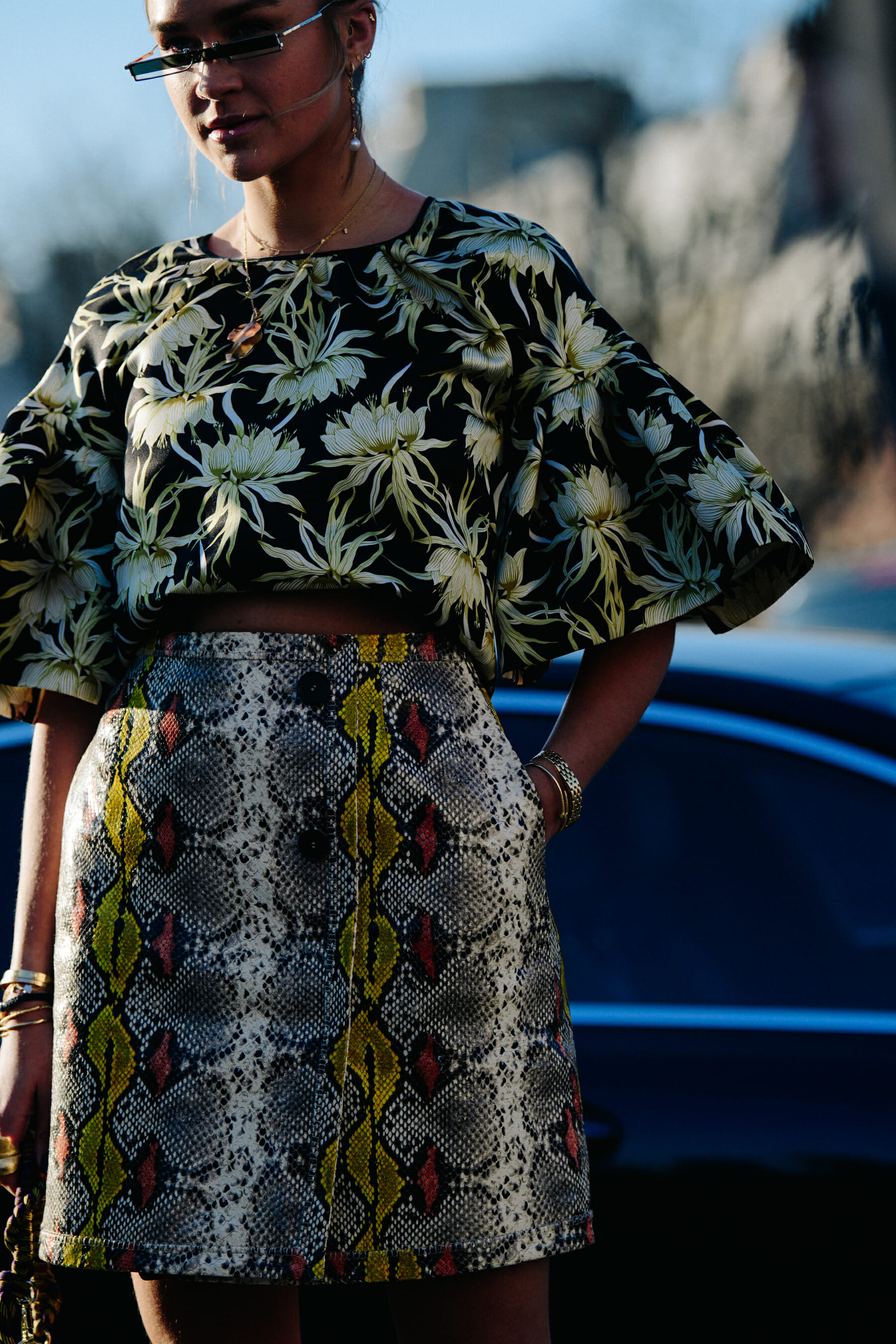 Woman wearing snakeskin skirt