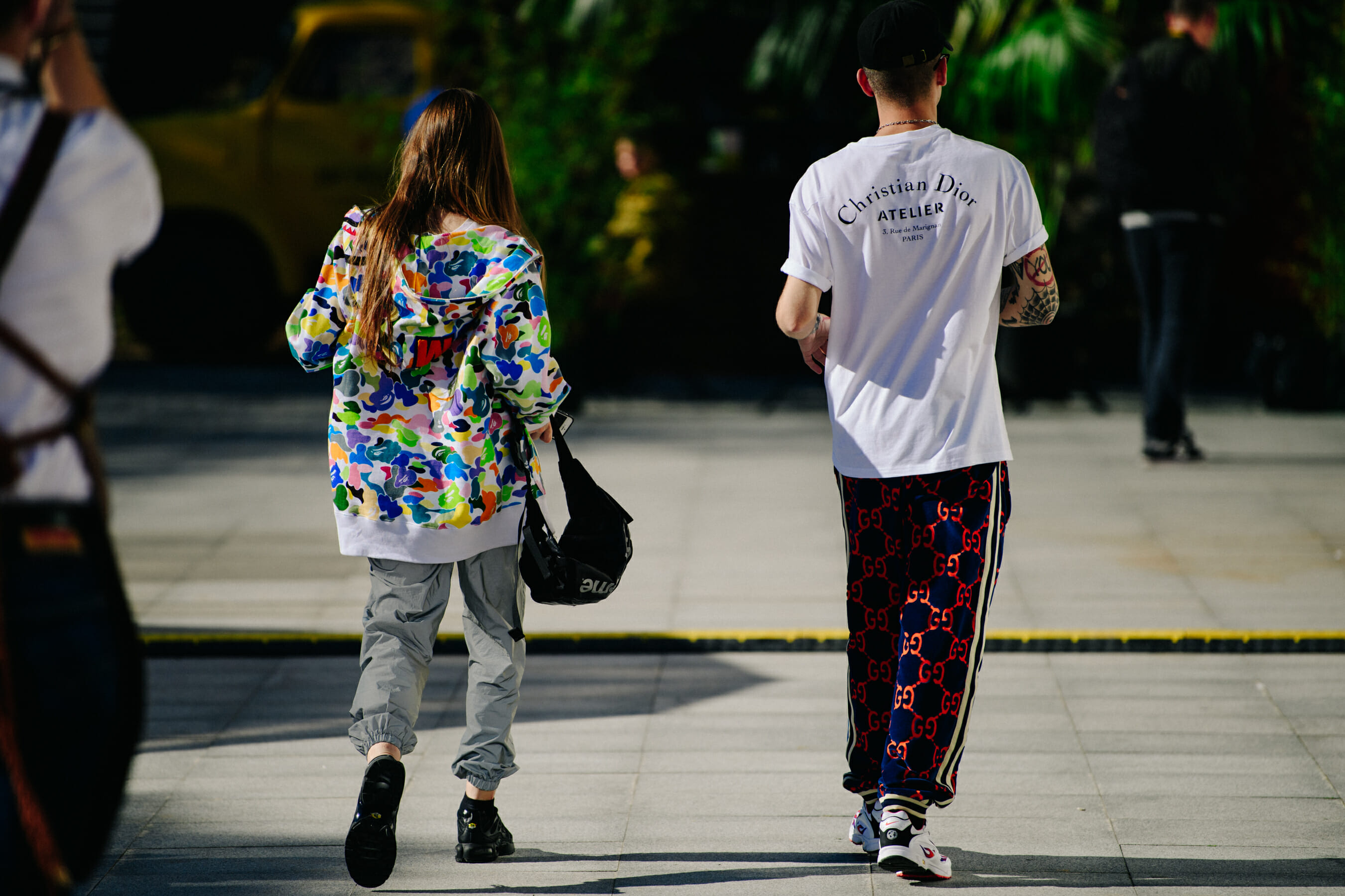 Couple wearing pattern outfits