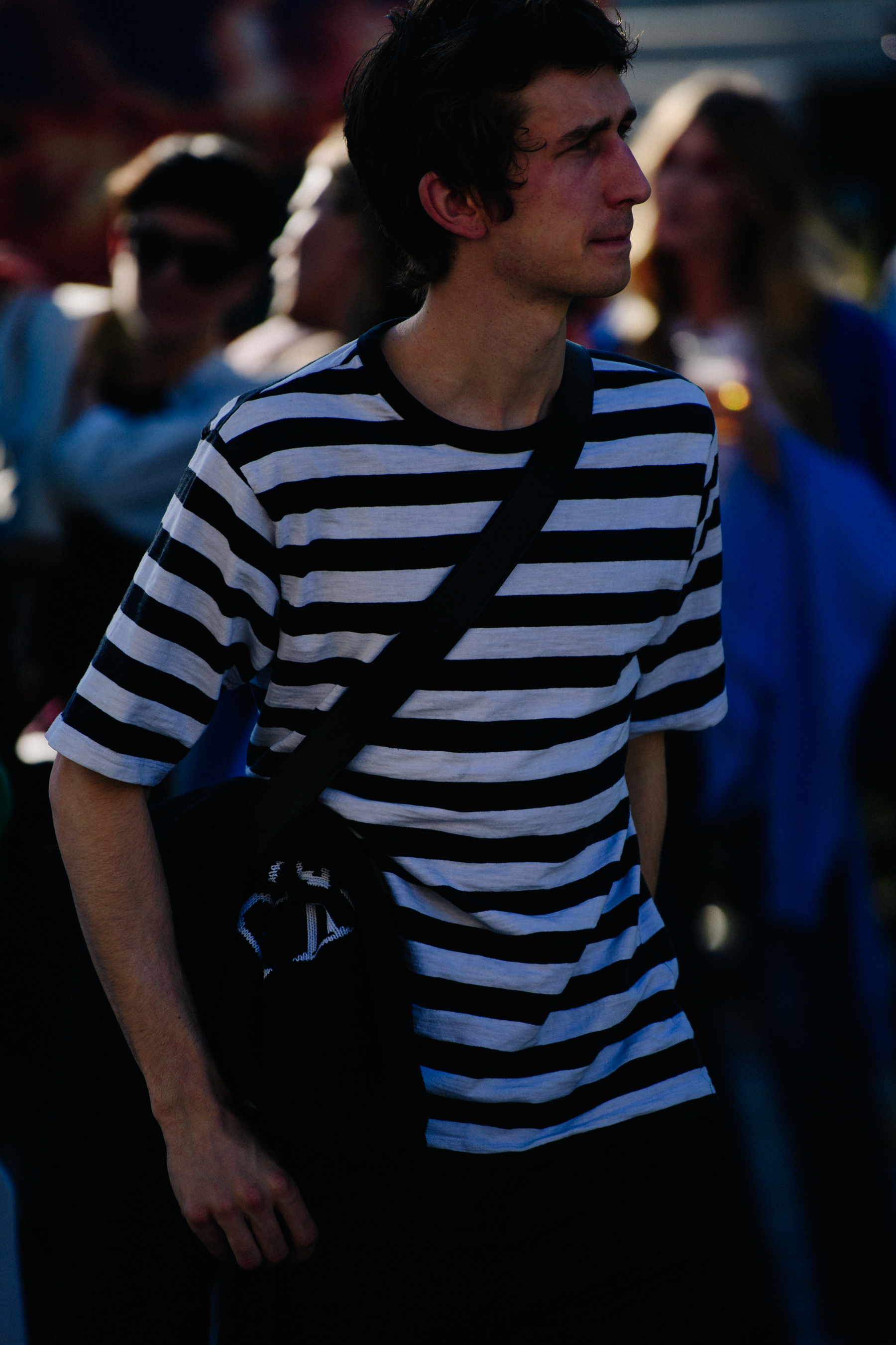 Model wearing striped tee shirt