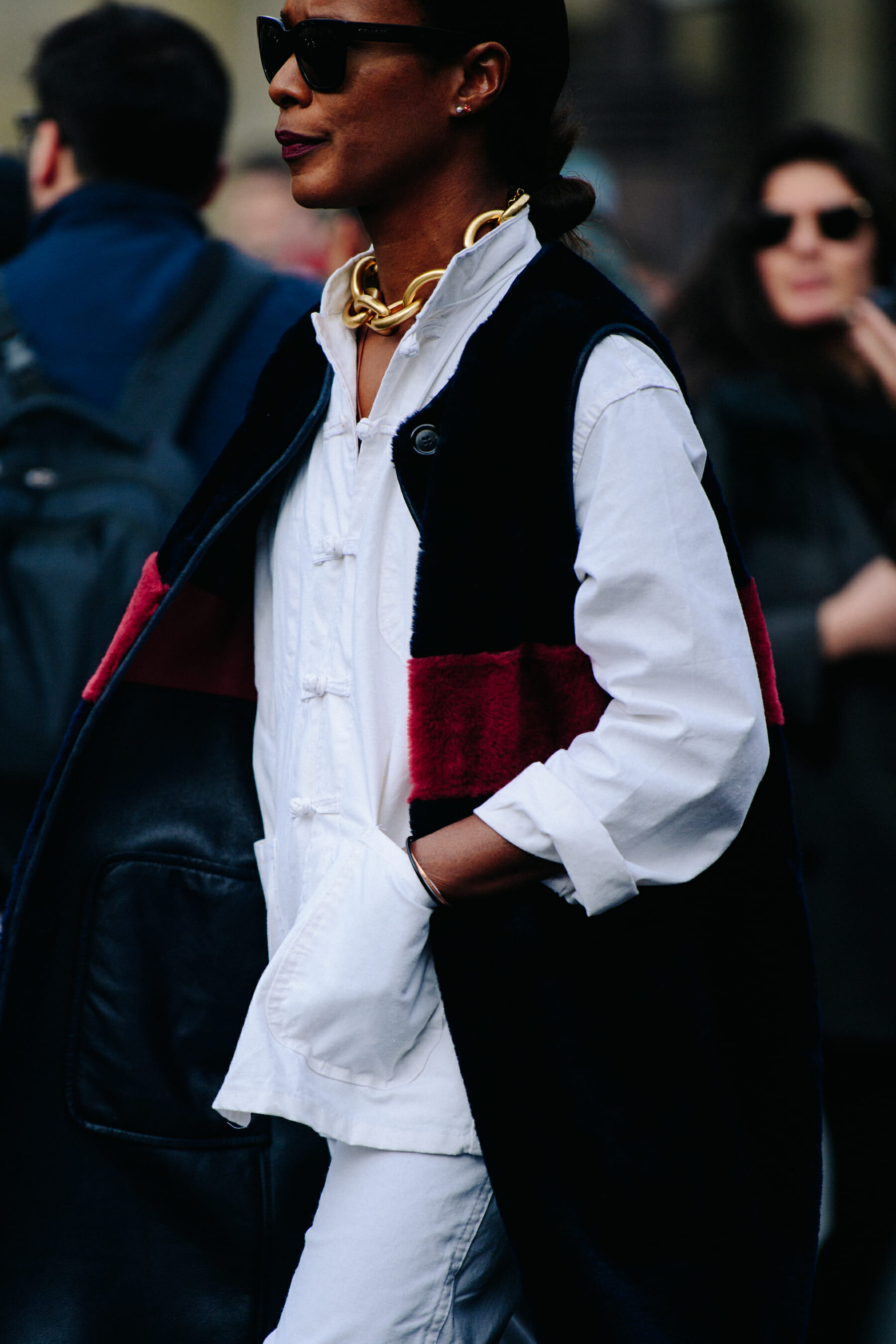 Woman wearing fur vest