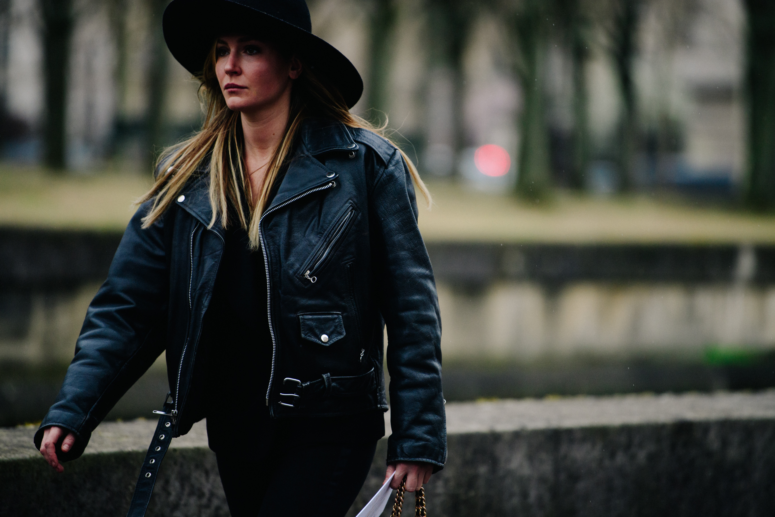 Woman wearing dark leather jacket