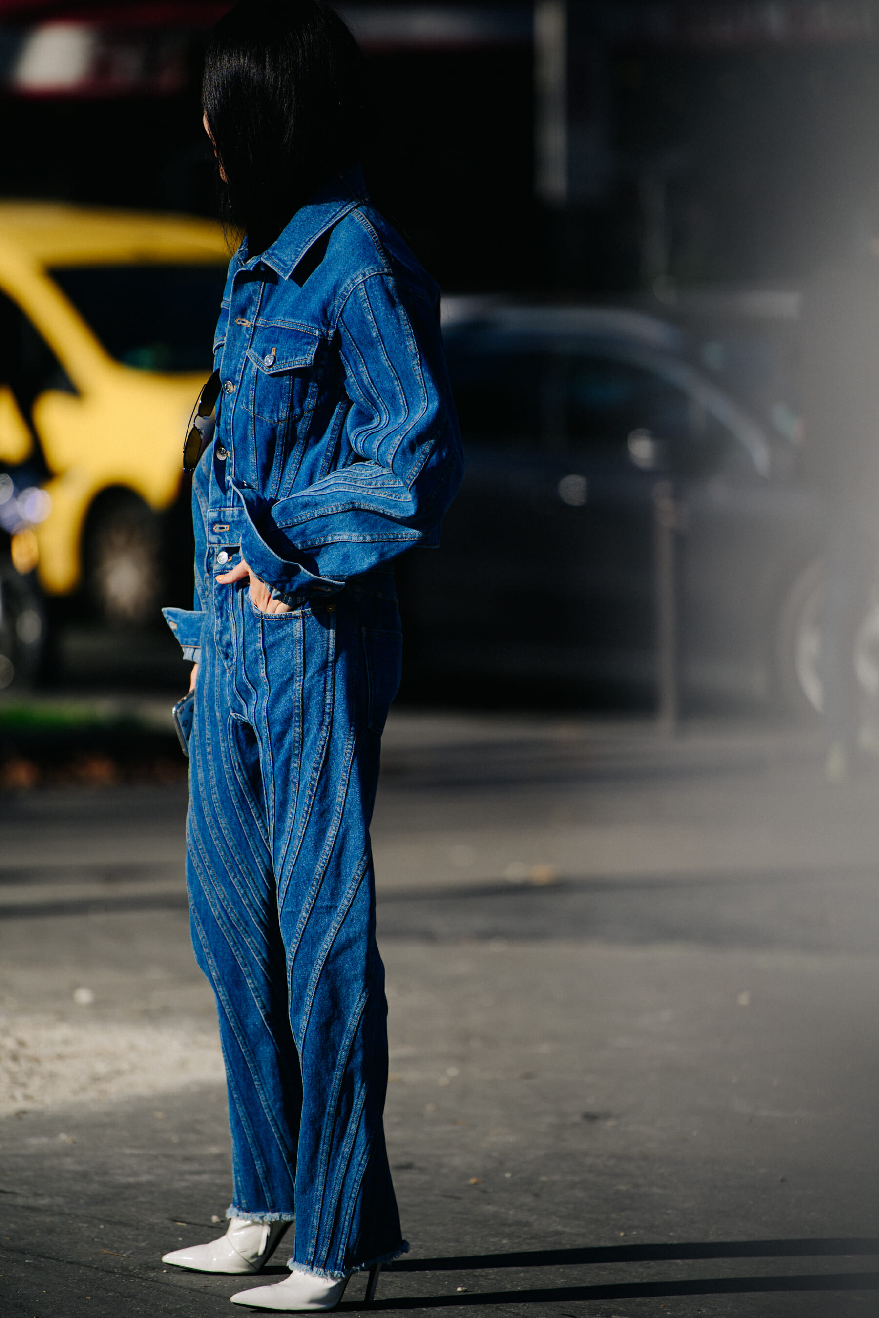 Woman wearing denim onepiece