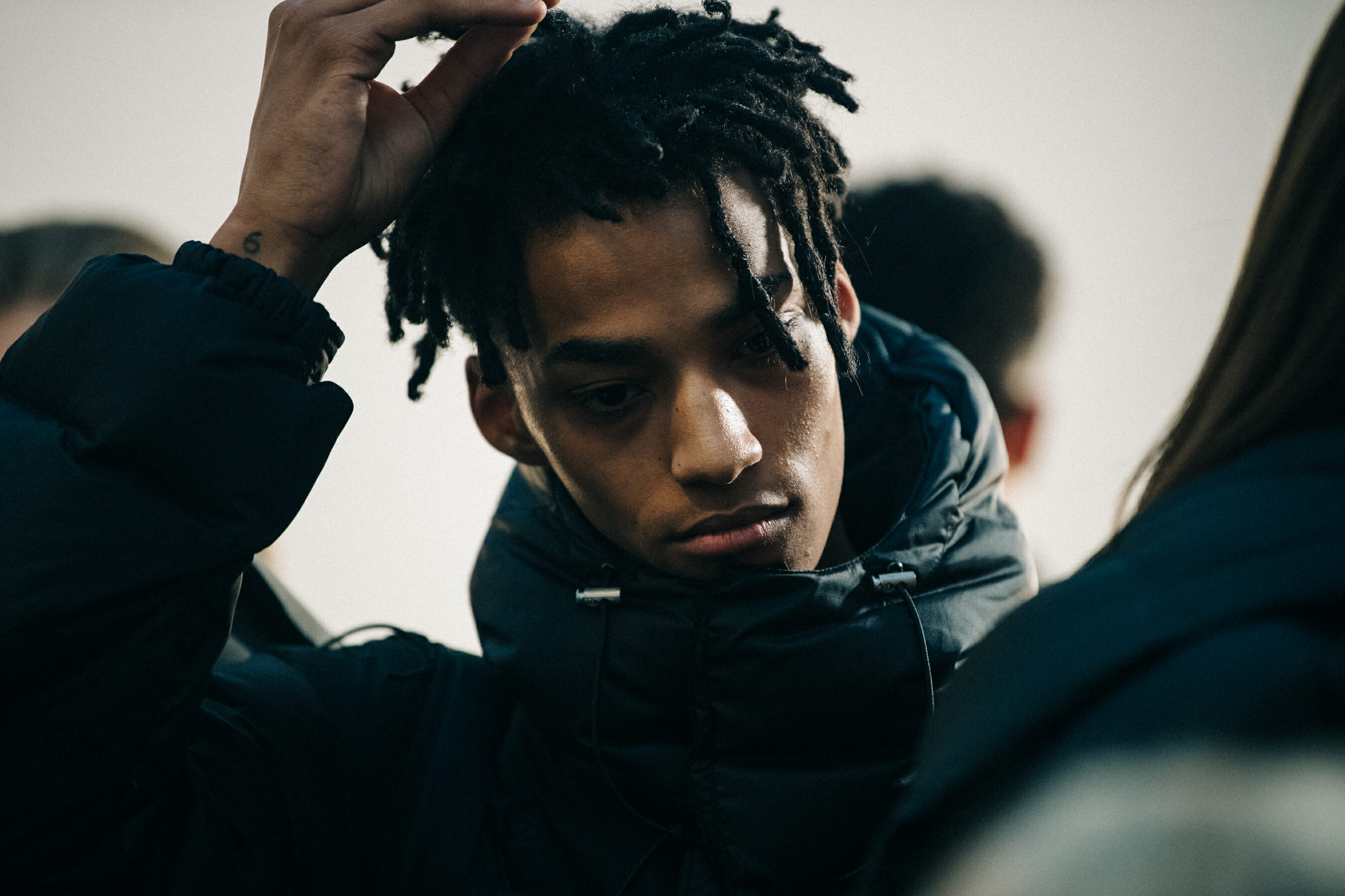Model wearing Heliot Emil backstage