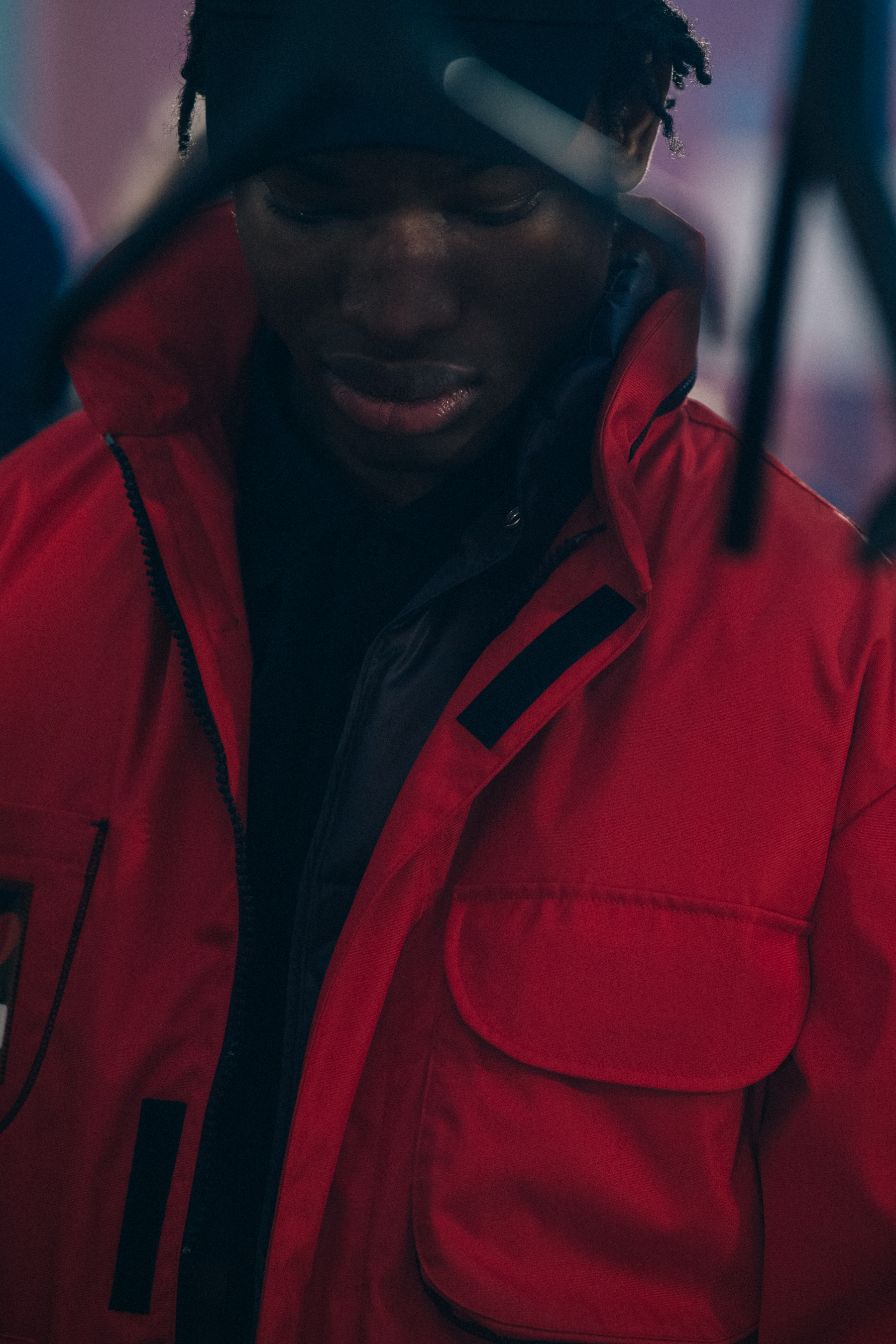 Model wearing red at Heron Preston